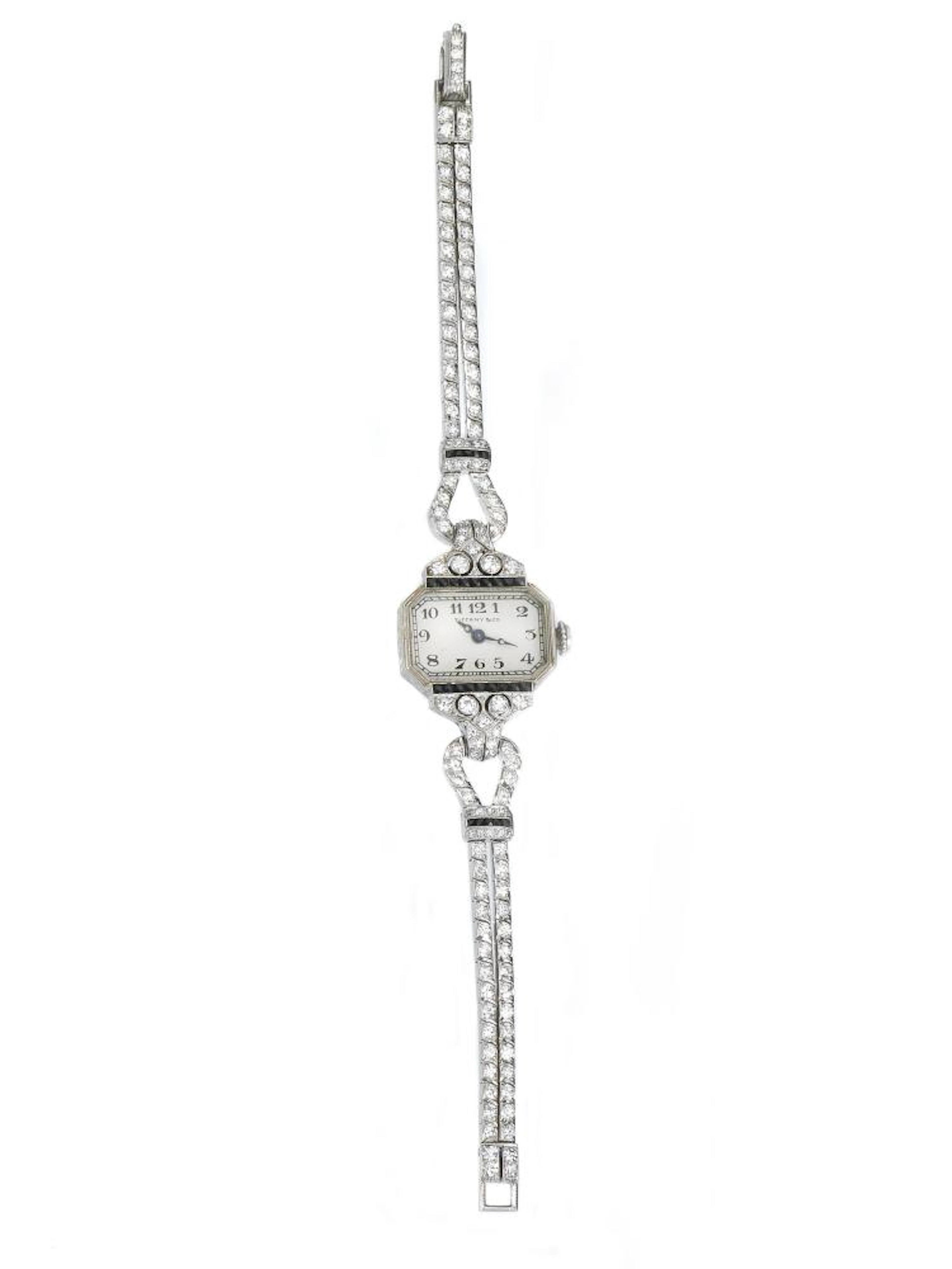 OROLOGIO PER SIGNORA, TIFFANY, IN PLATINO, DIAMANTI ED ONICE