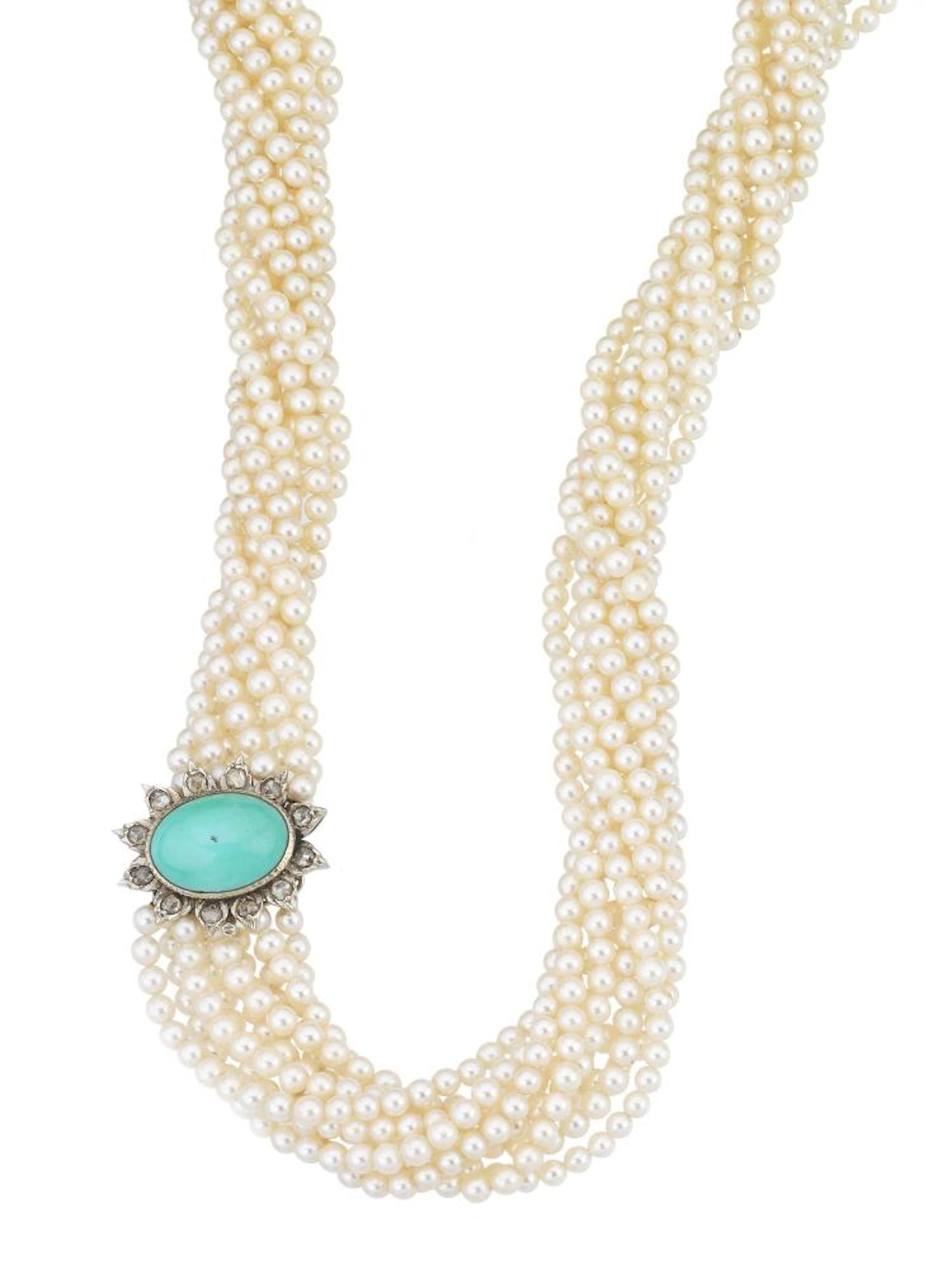 COLLANA IN PERLE, ORO BIANCO, ORO GIALLO, DIAMANTI E TURCHESE