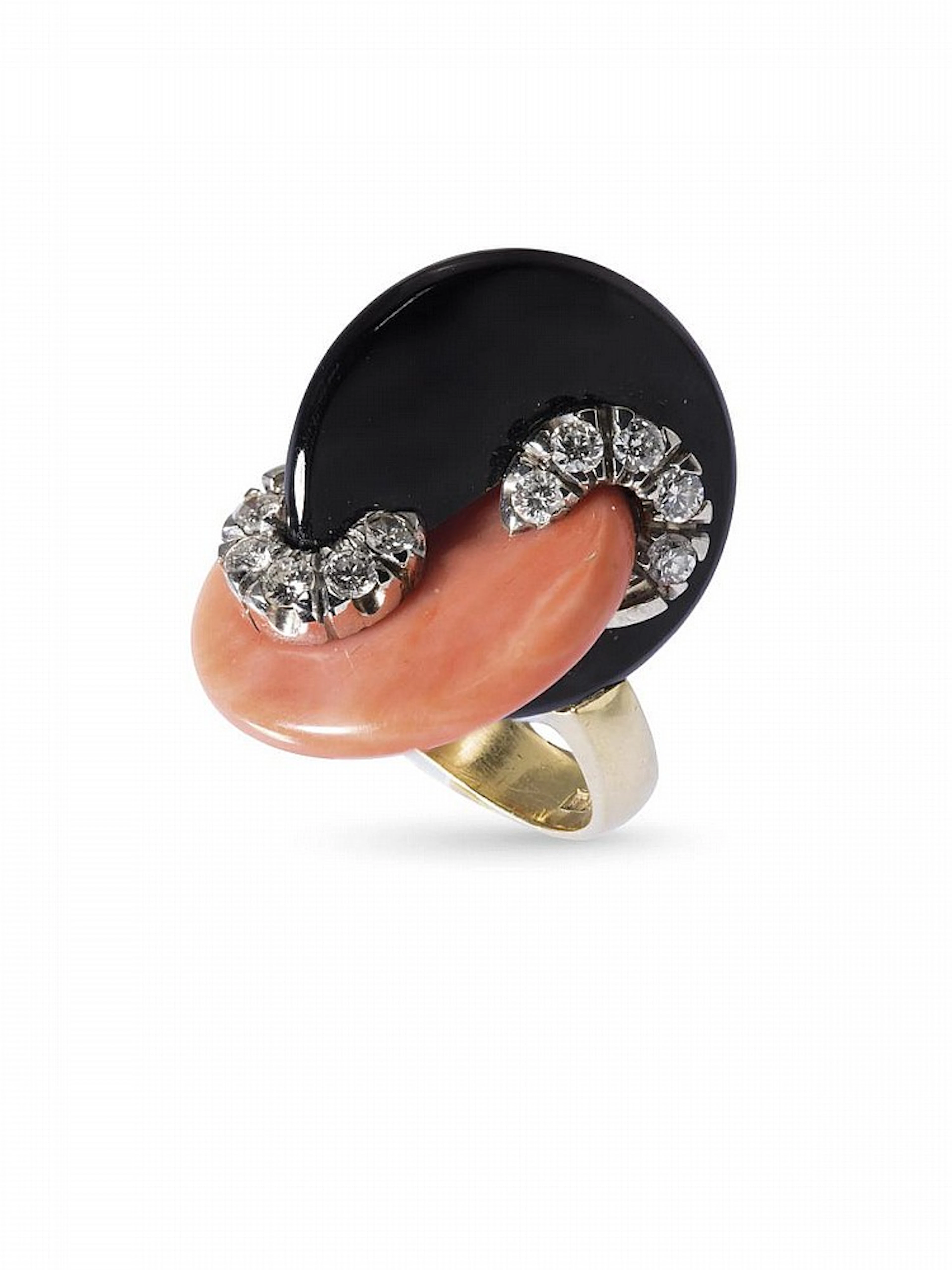 ANELLO IN ORO GIALLO 18 KT CON ONICE CORALLO E DIAMANTI ...