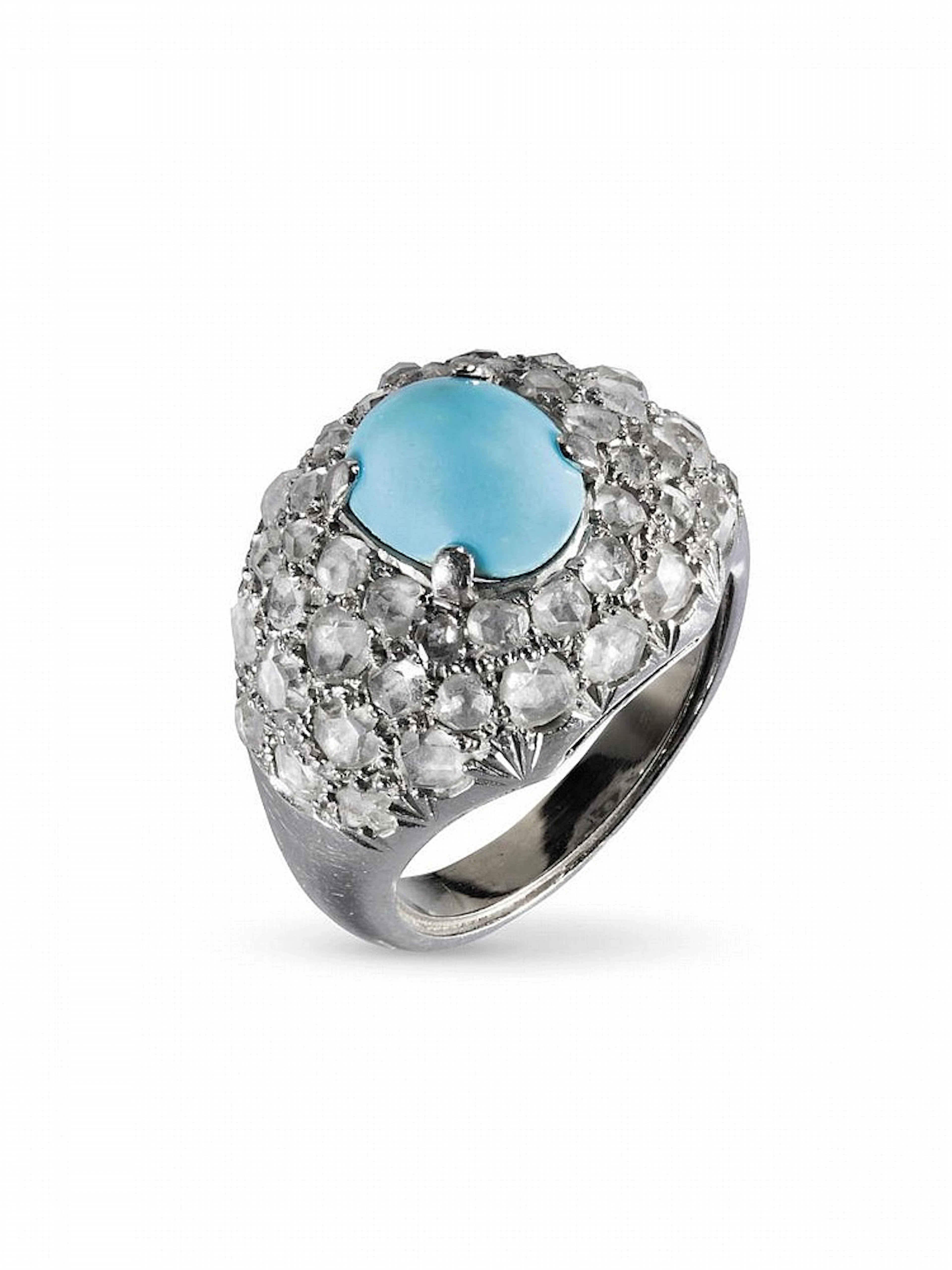 ANELLO IN PLATINO E TURCHESErealizzato a fascia con pavè...