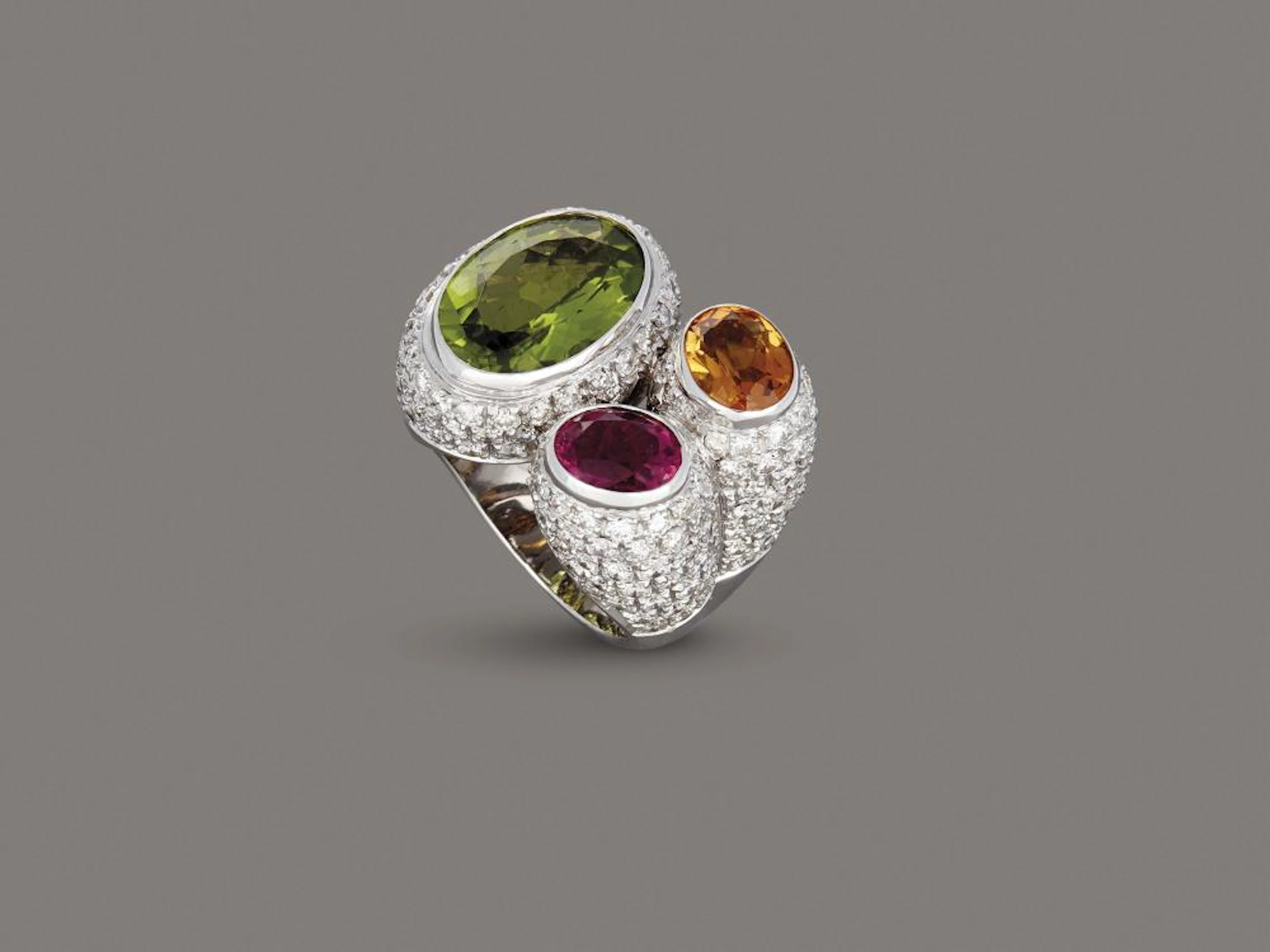 MASSONI ANELLO IN ORO BIANCO DIAMANTI E PIETRE SEMI...