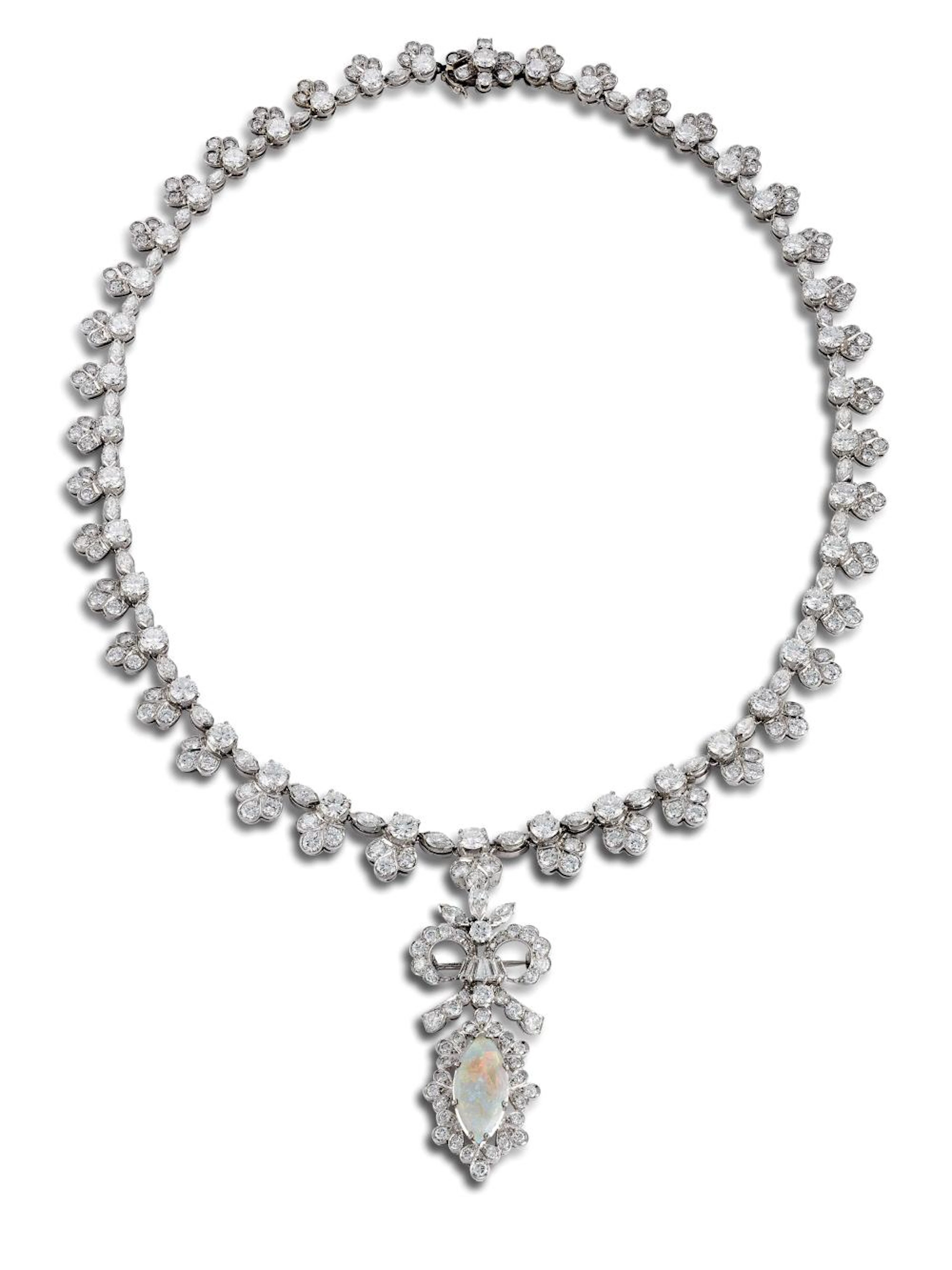 COLLANA DI DIAMANTI IN PLATINO E PENDENTE CON OPALE...