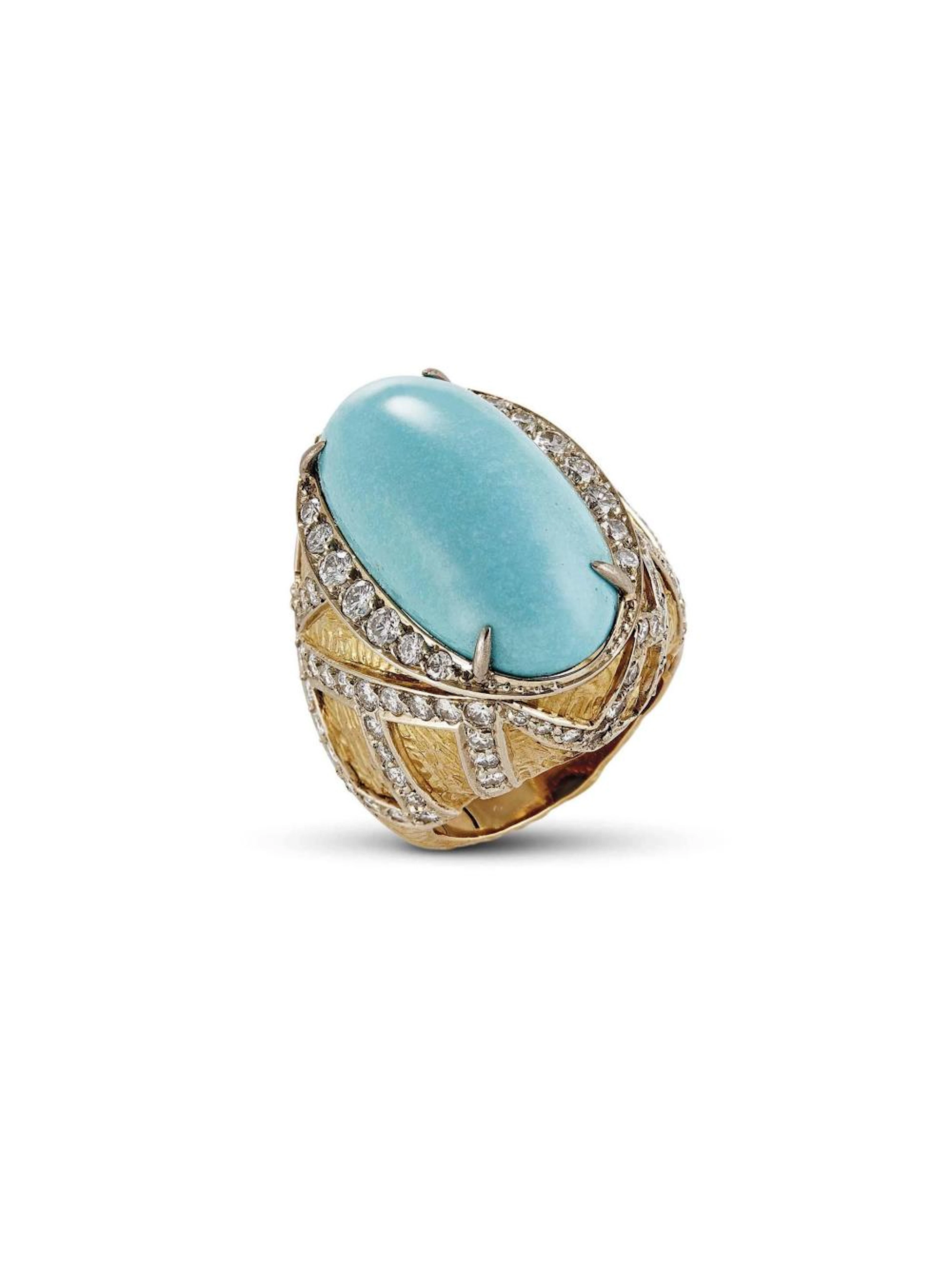 ANELLO IN ORO GIALLO E BIANCO CON TURCHESE E DIAMANTI sulla sommi