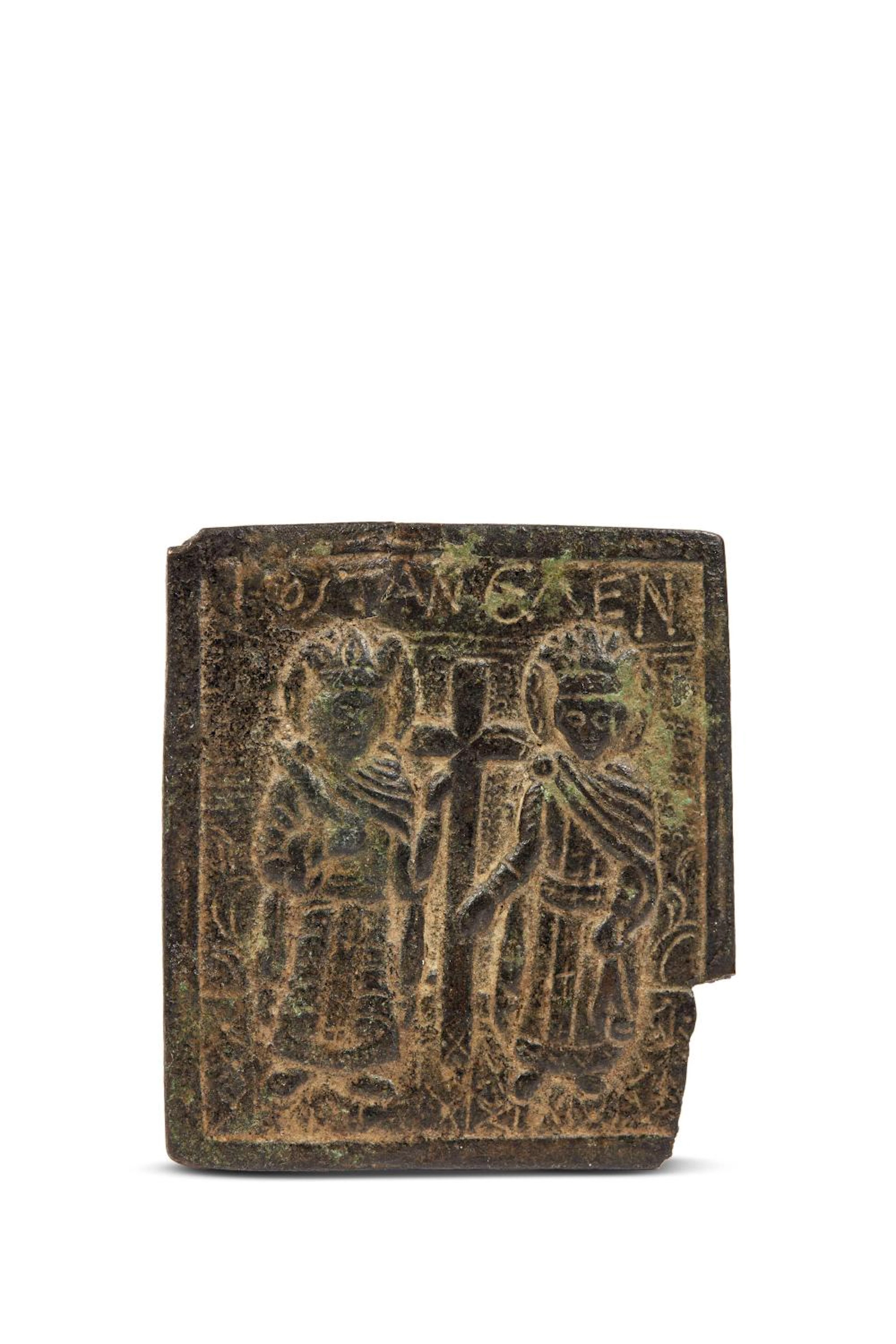 Arte bizantina COSTANTINO ED ELENA placchetta rettangolare in bronzo