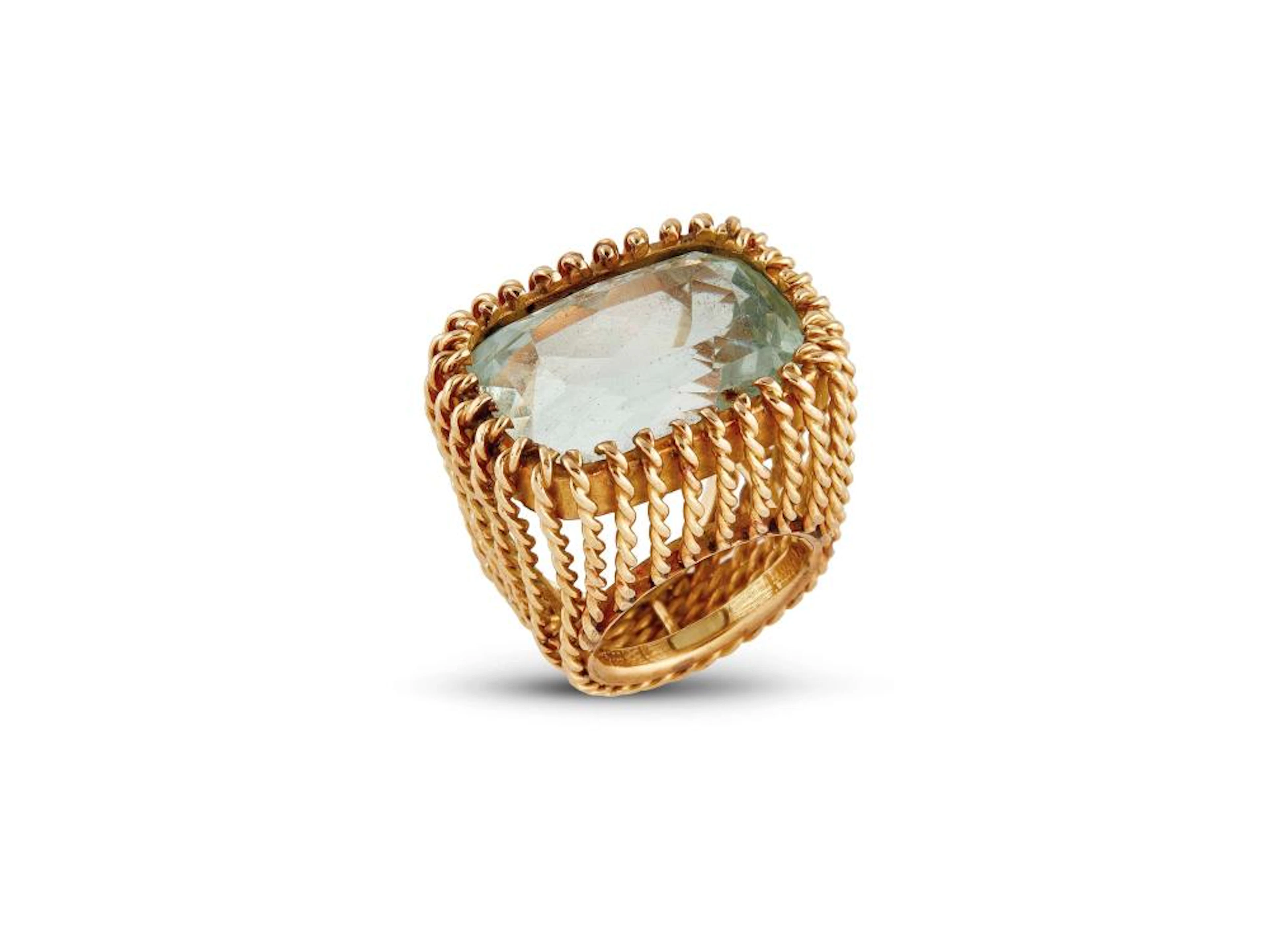 ANELLO IN ORO GIALLO 18KT CON ACQUAMARINA con motivo a corde intrecciate