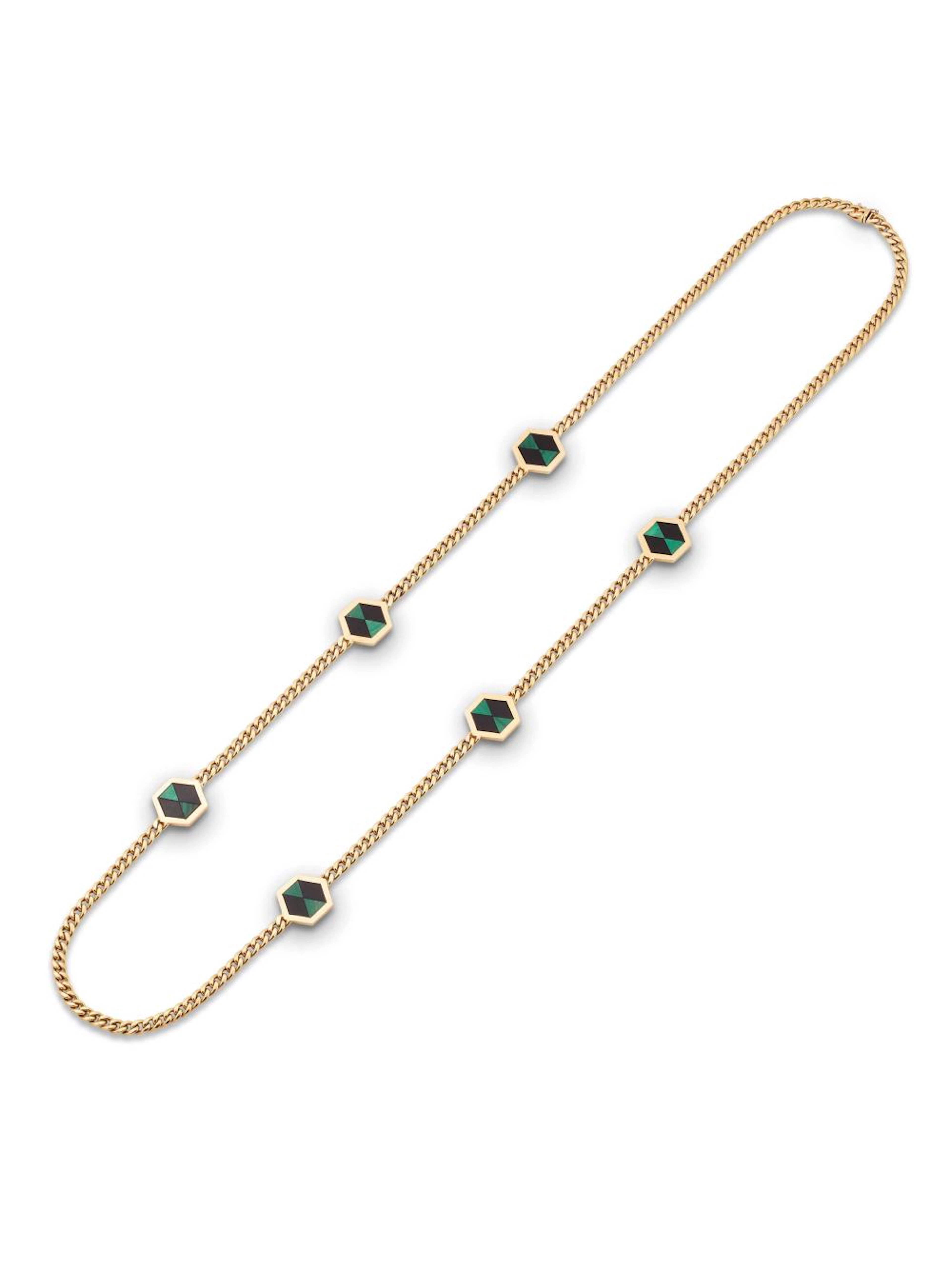COLLANA IN ORO GIALLO 18KT CON ONICE E MALACHITE a maglia groumet, inter