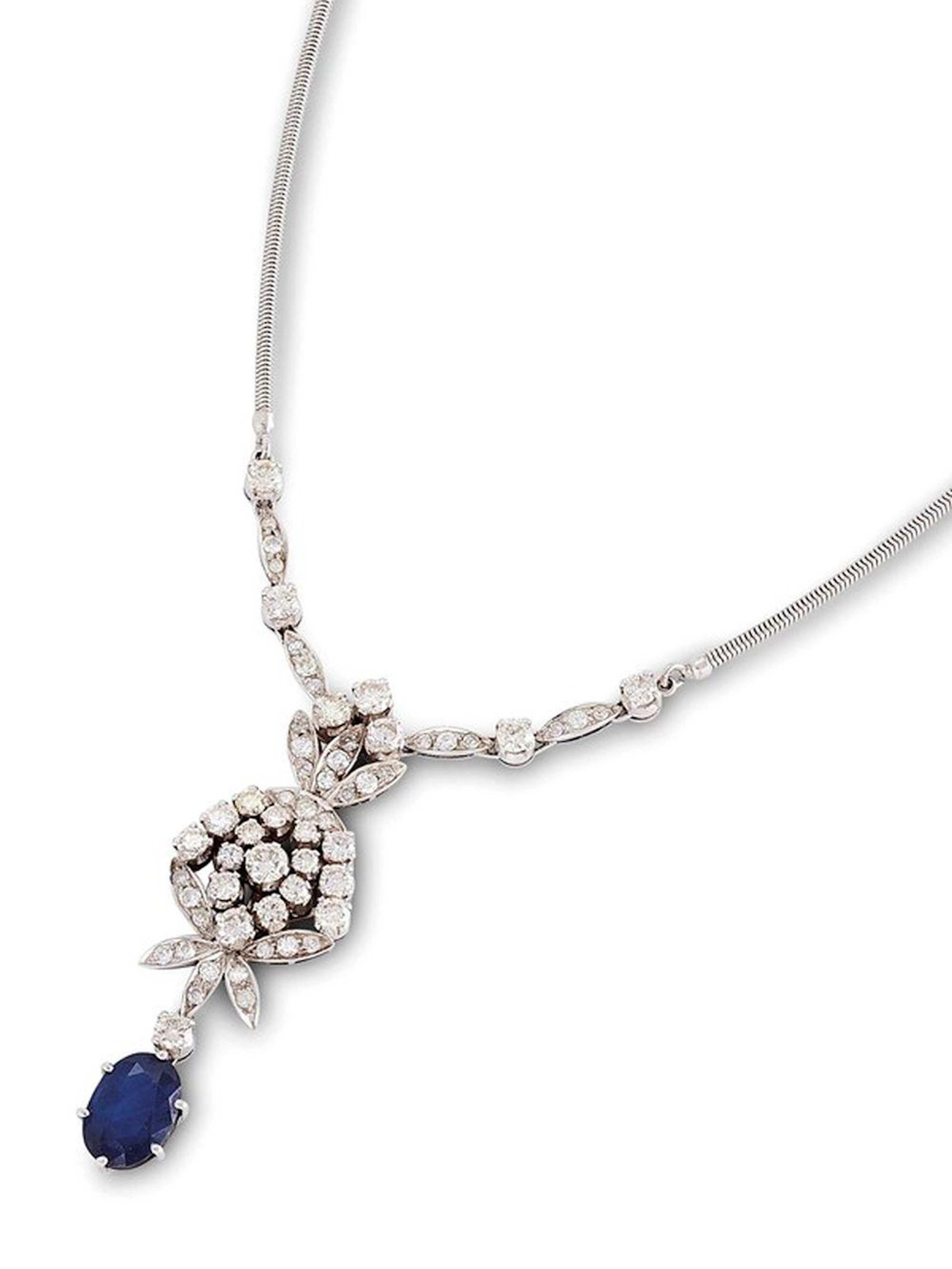 COLLANA MOTIVO FLOREALE CON ZAFFIRO E DIAMANTI