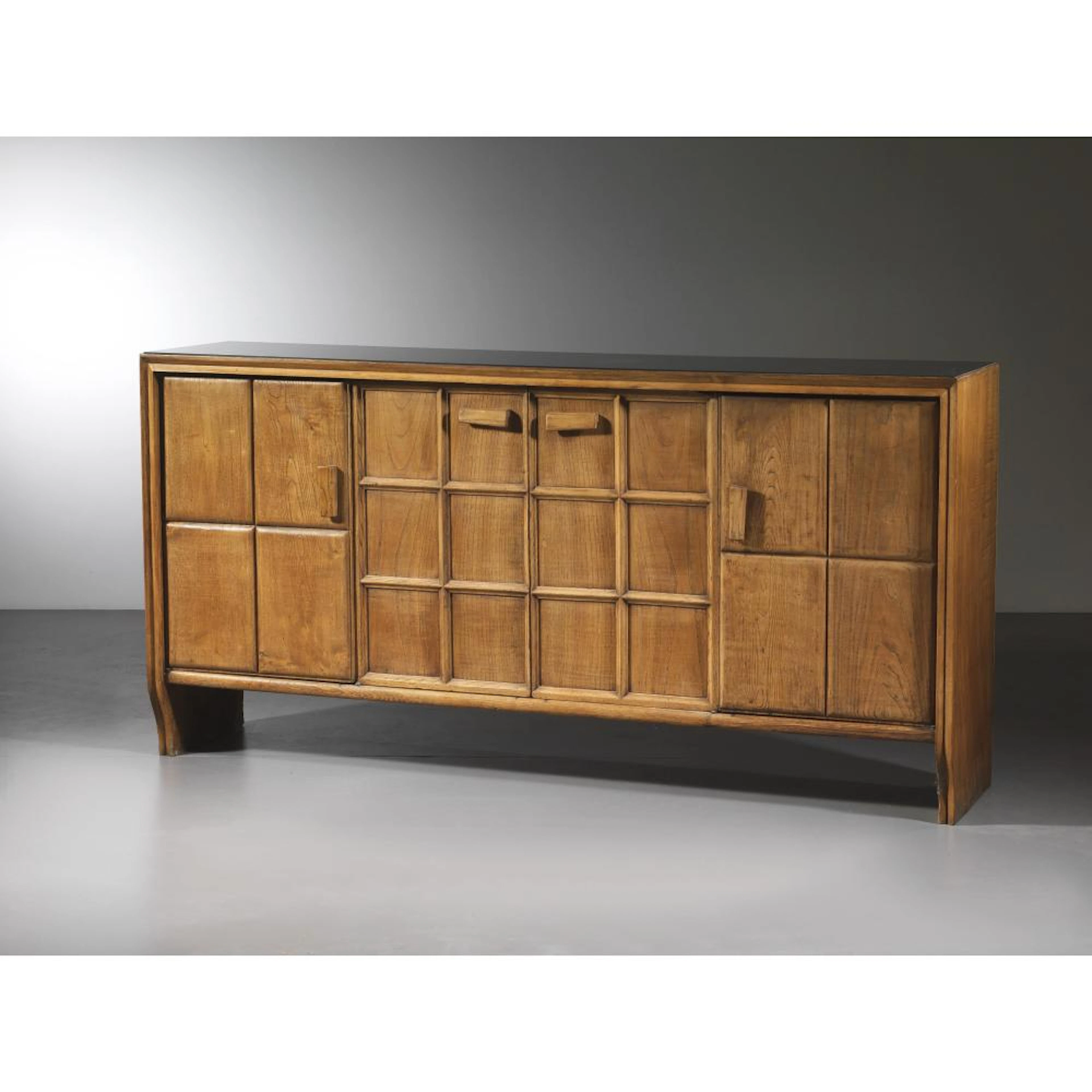 WOODEN SIDEBOARD, BLACK GLASS TOP