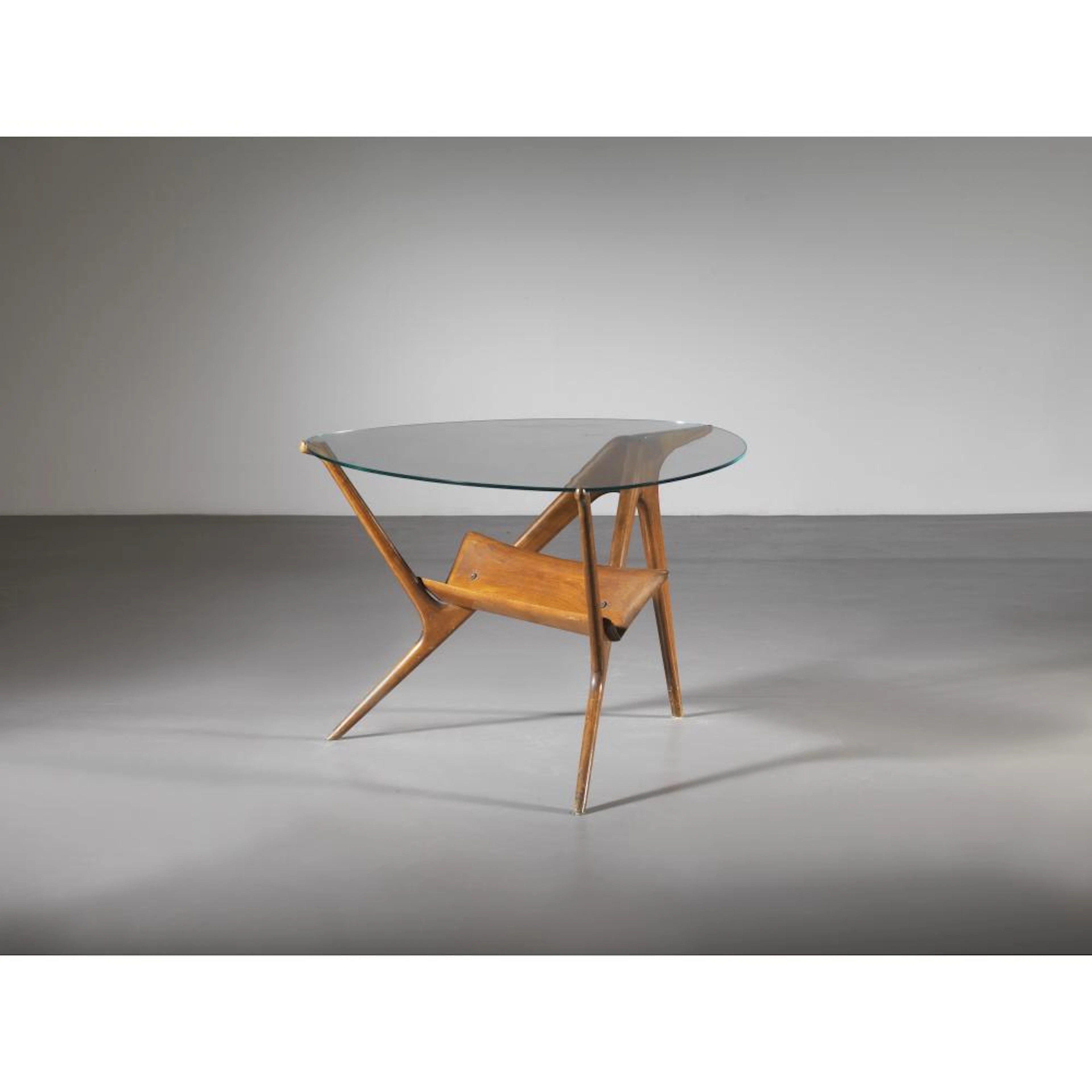 ROUND LOW TABLE, WOODEN STRUCTURE, GLASS TOP