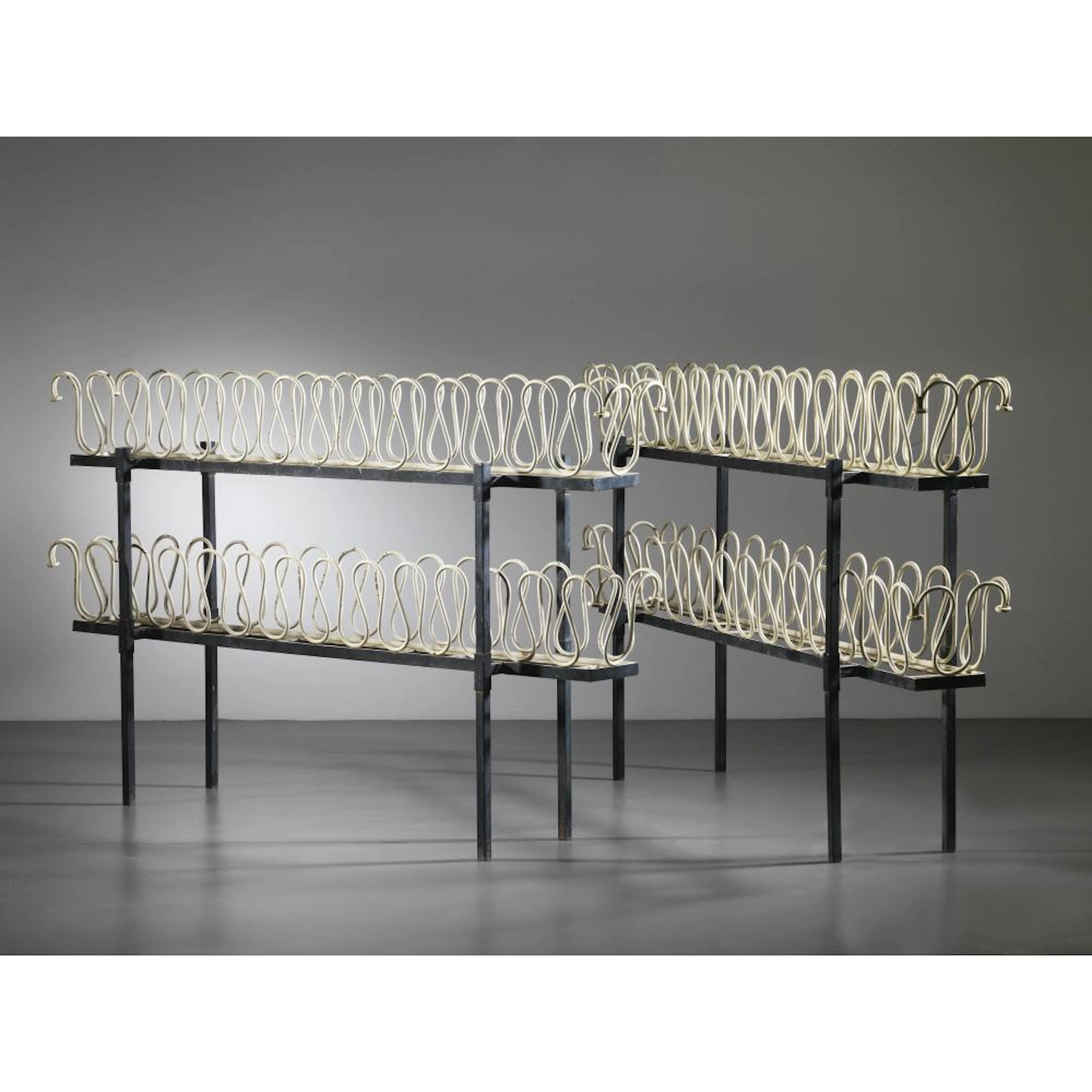 FOUR PLANT HOLDERS, WHITE AND BLACK LACQUERED METAL STRUCTURE
