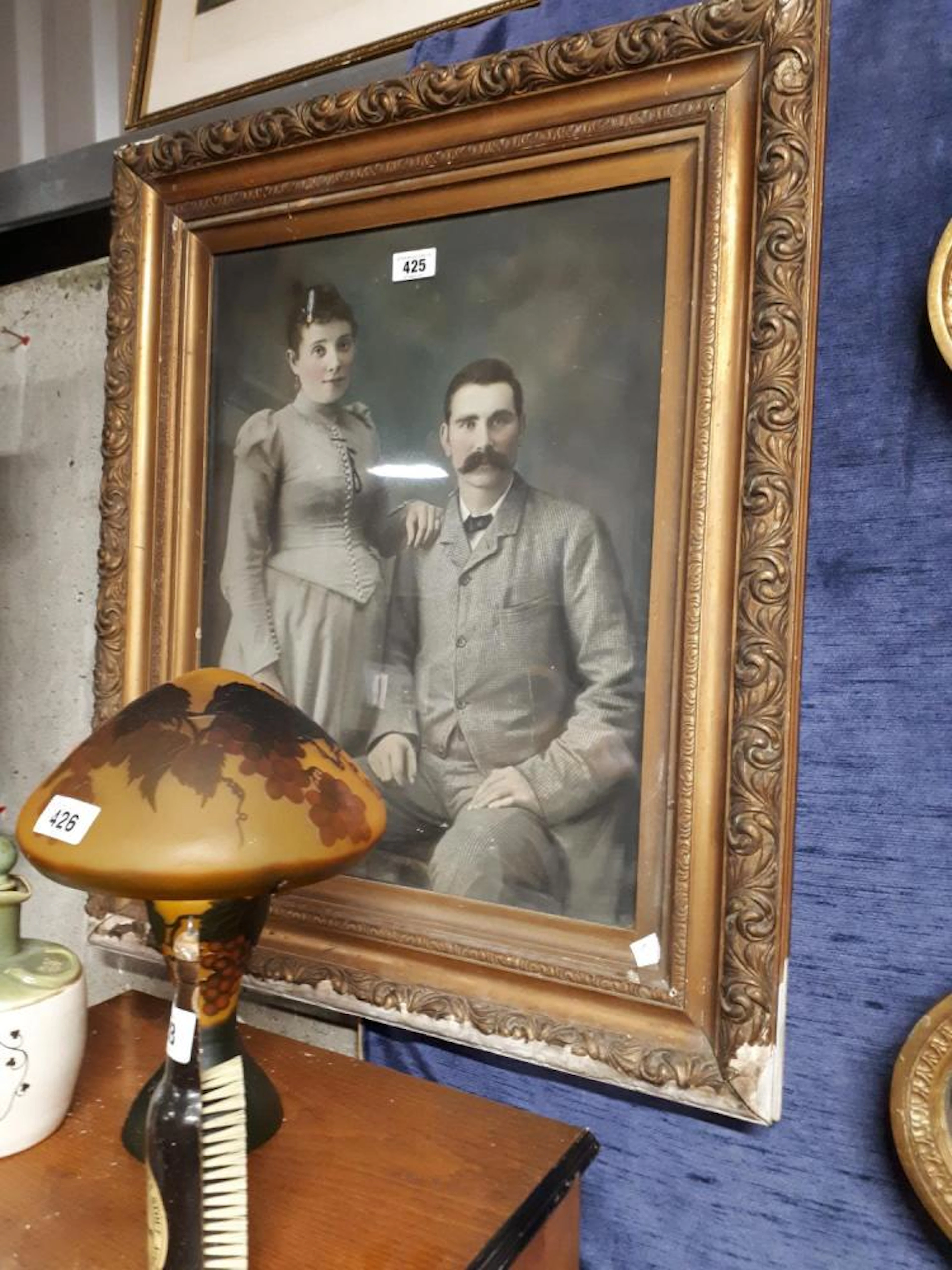 19th C. gilt framed print of a Gentleman and Lady.