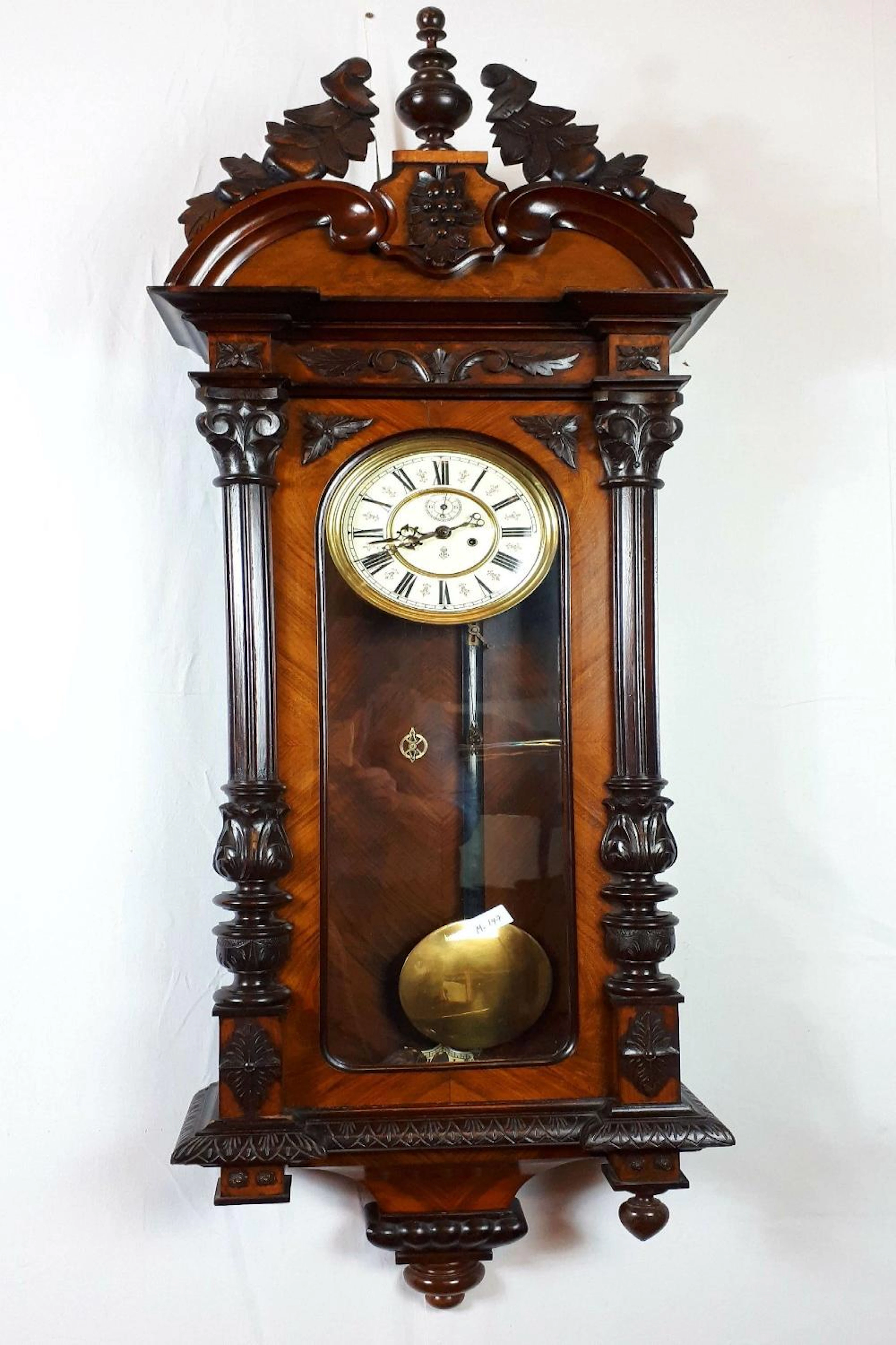 Exceptional quality mahogany double weighted Vienna wall clock. { 142cm H X