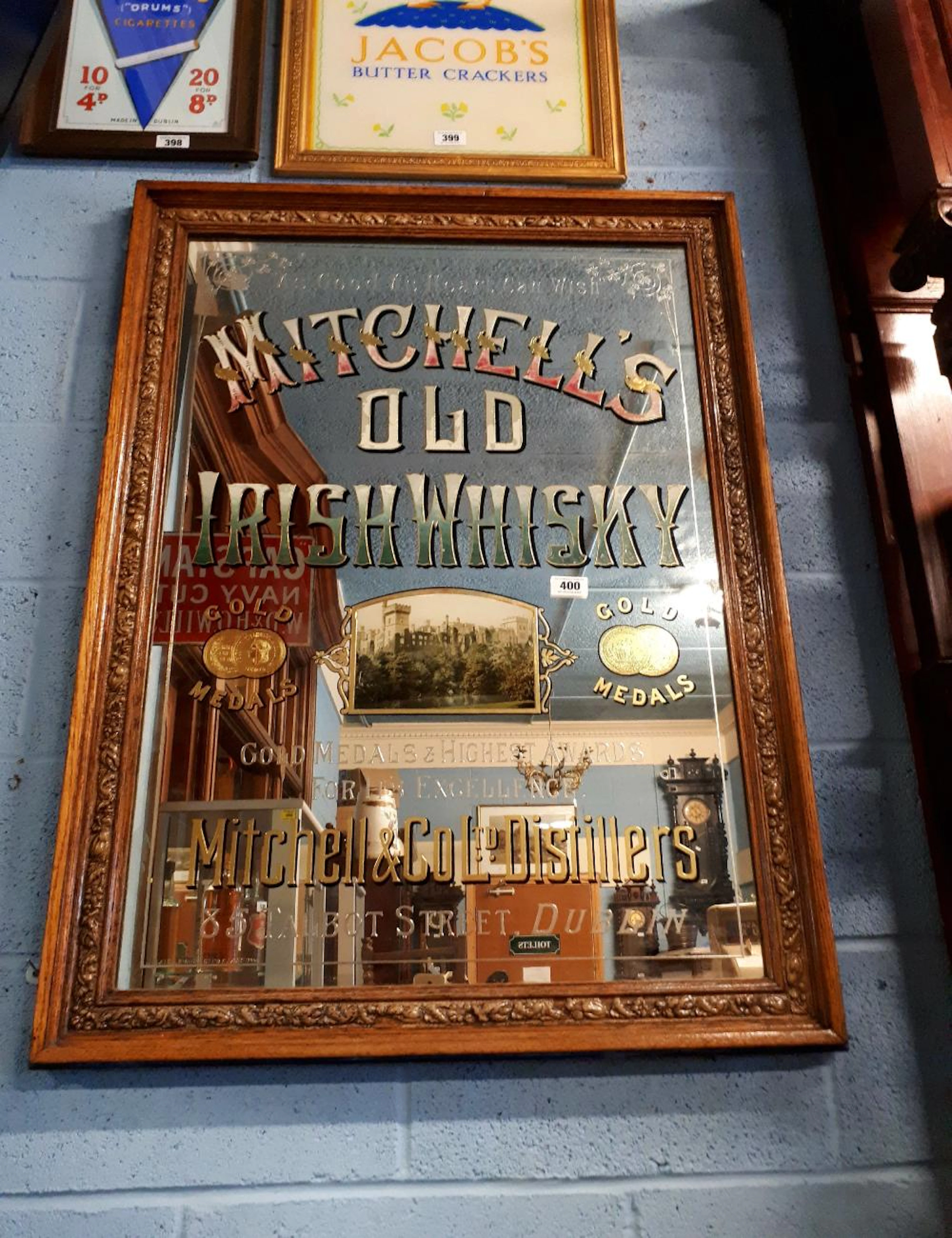 Extremely rare 19th. C. Mitchell's Old Irish Whiskey advertising mirror 85