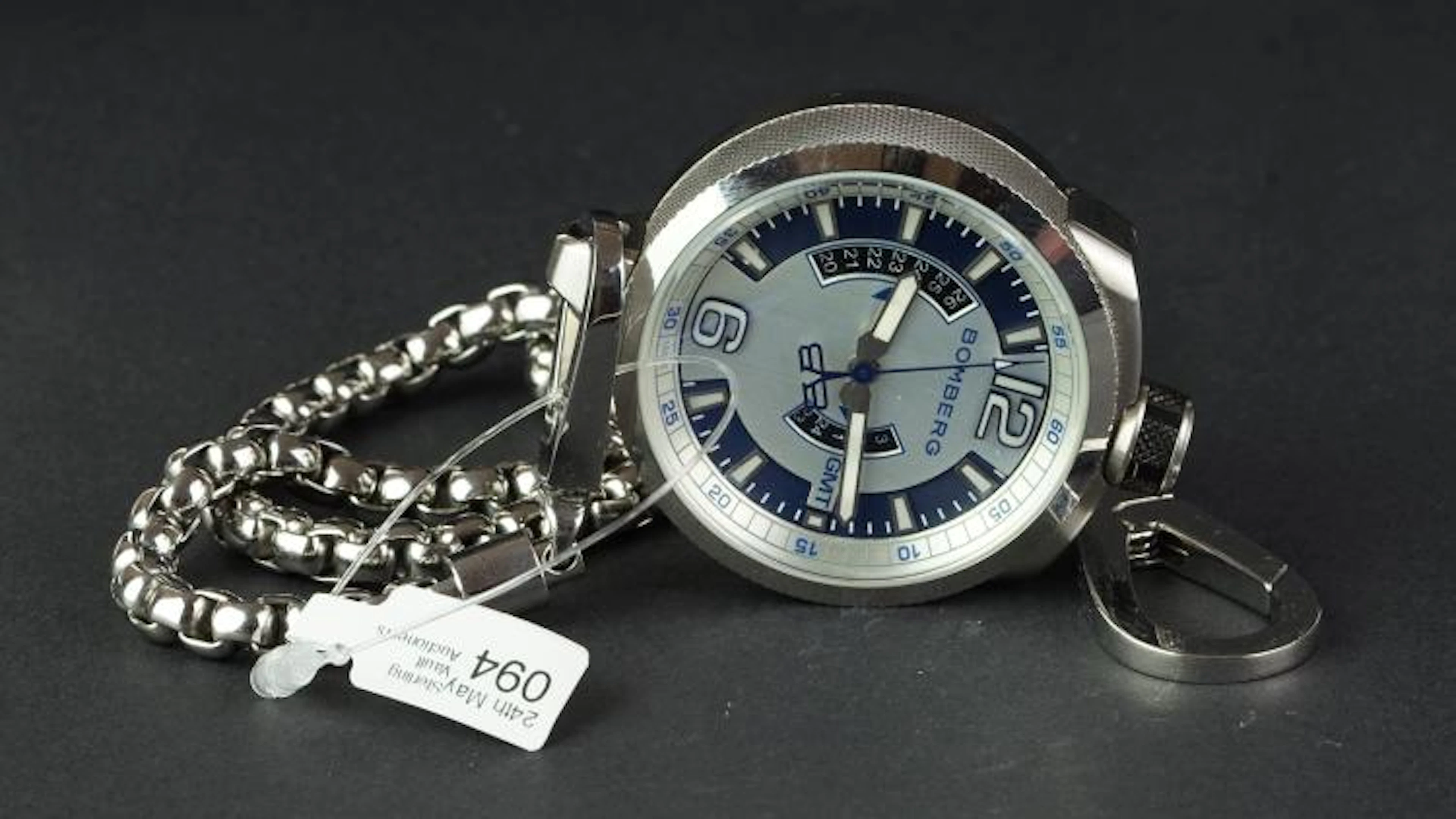 BOMBERG GMT POCKET WATCH, circular two tone dial in a heavy 45mm stainless