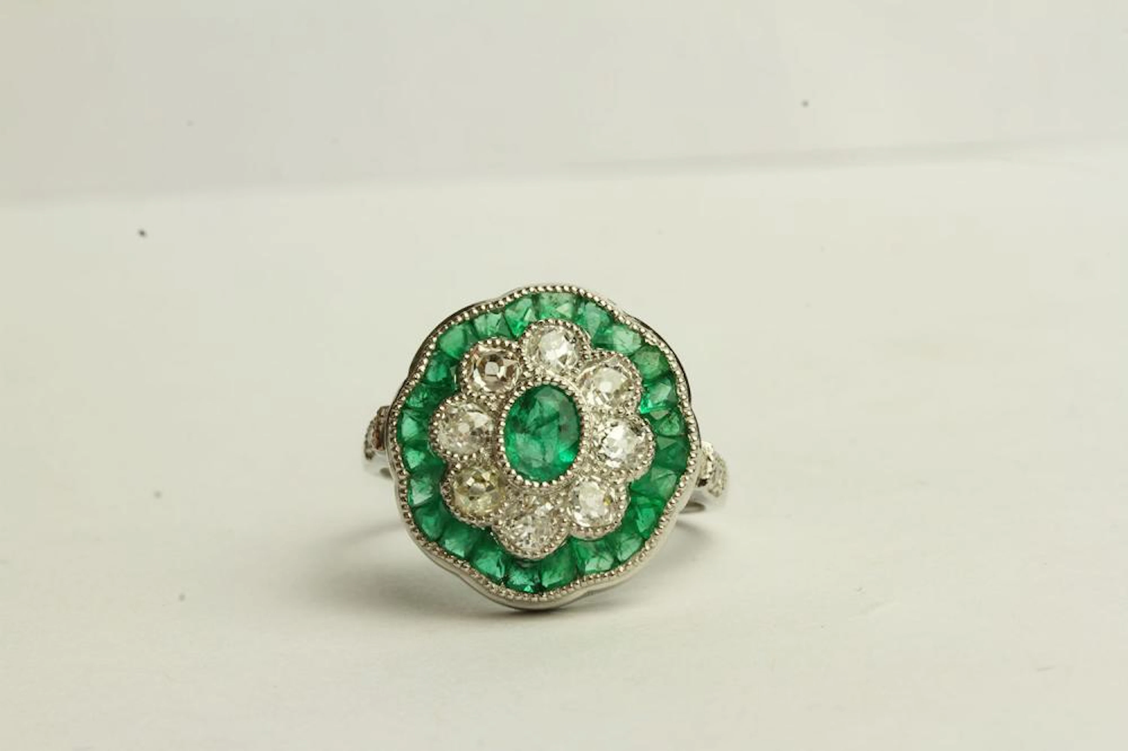 Emerald and Diamond Daisy Style Ring