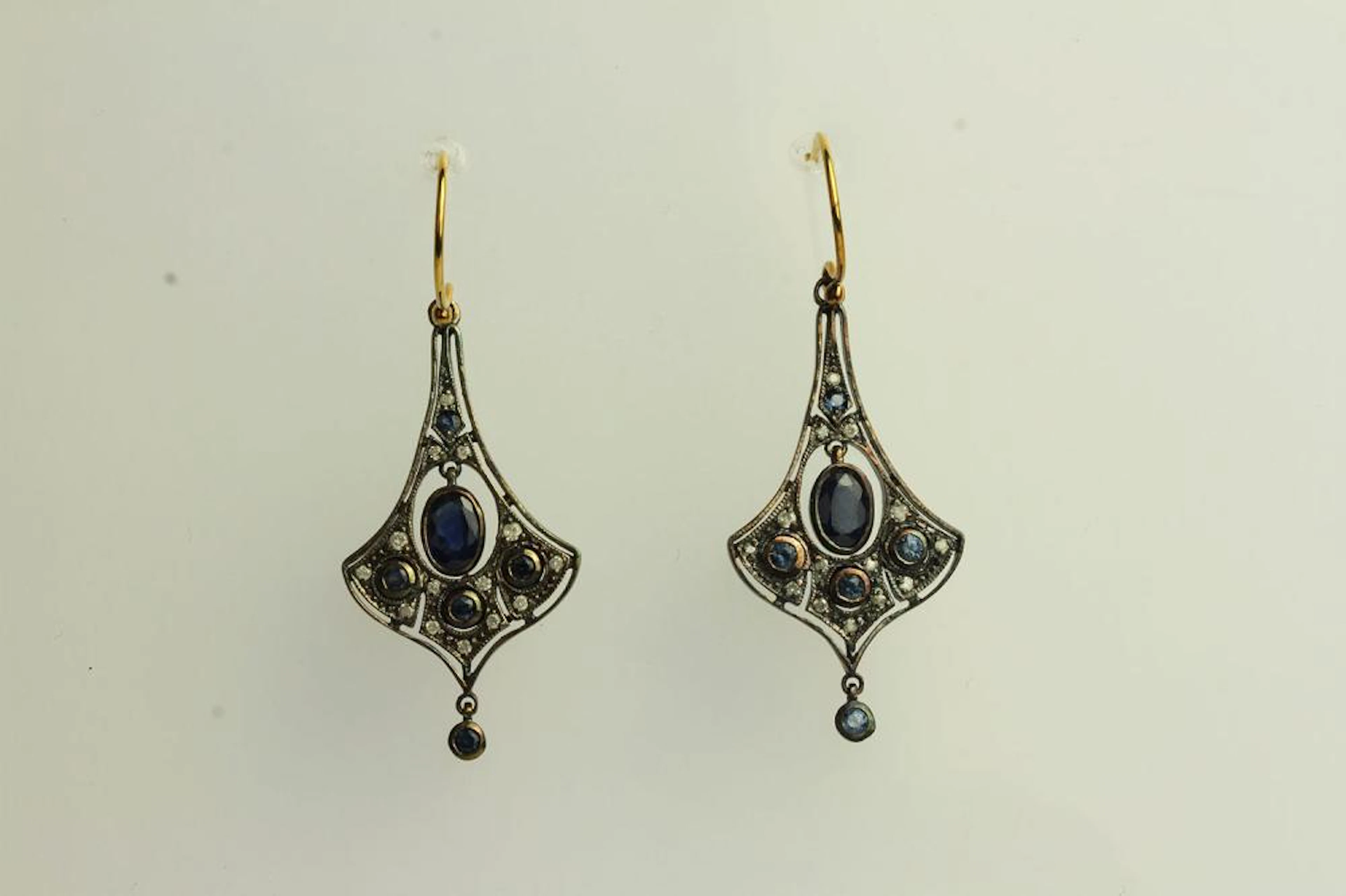 Pair of Sapphire and Diamond Flared Drop Earrings