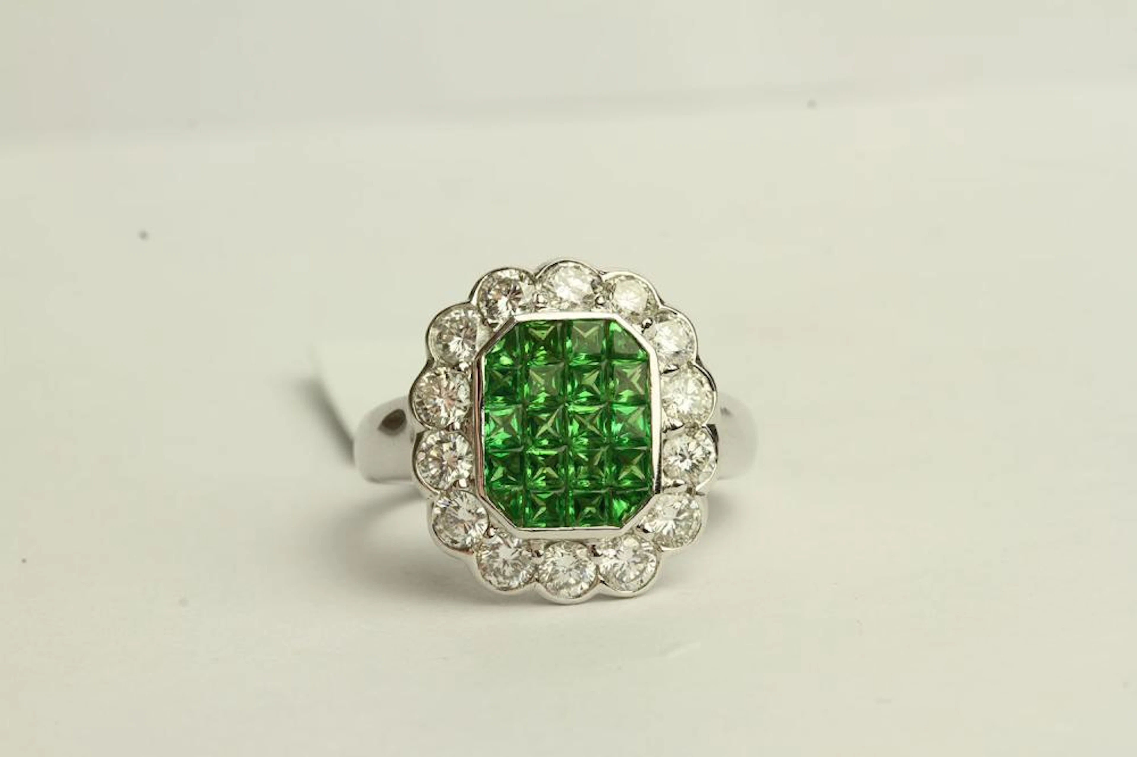 Tsavorite Rare Green Garnet and Diamond Checkerboard Style Ring