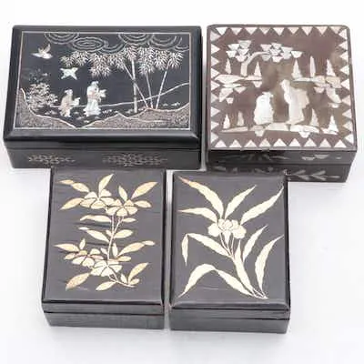 Chinese Mother-of-Pearl Inlay and Parcel-Gilt Lacquerware Trinket Boxes ...