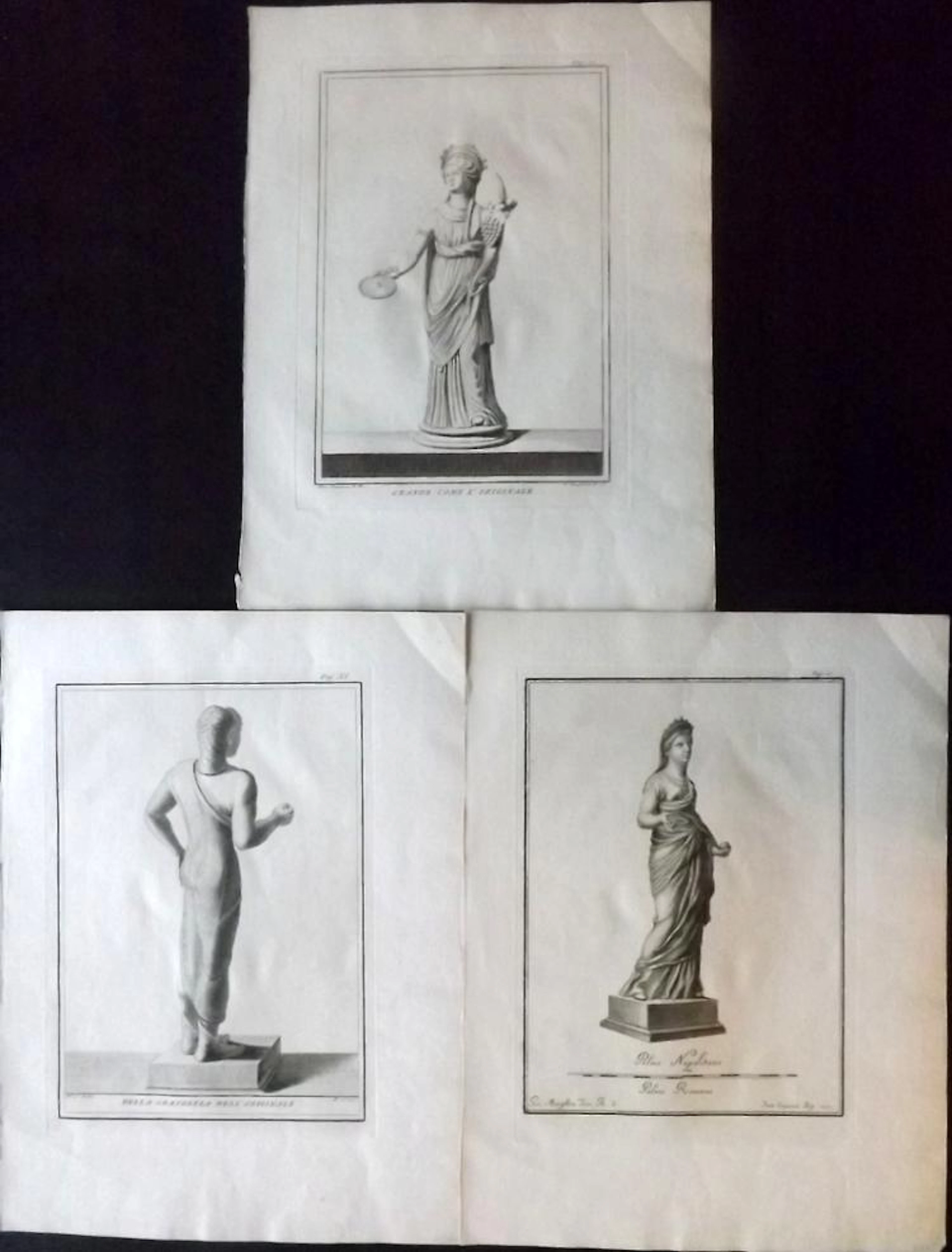 Herculaneum C1760 Group of 3 Statue Prints from Le Pitture Antiche D'Ercolano E Contorni