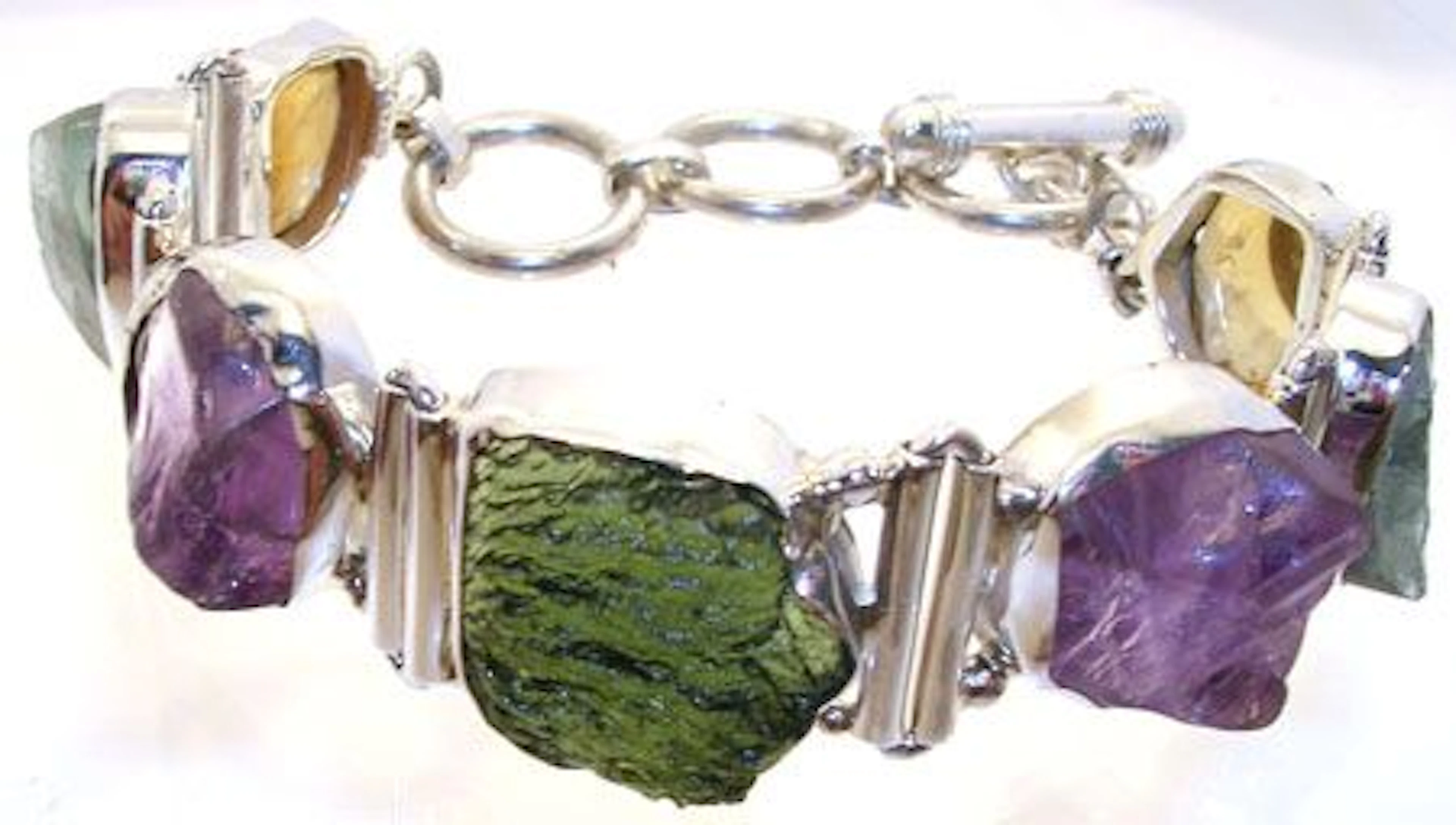 4077: SSterling Moldavite and Multi gem bracelet