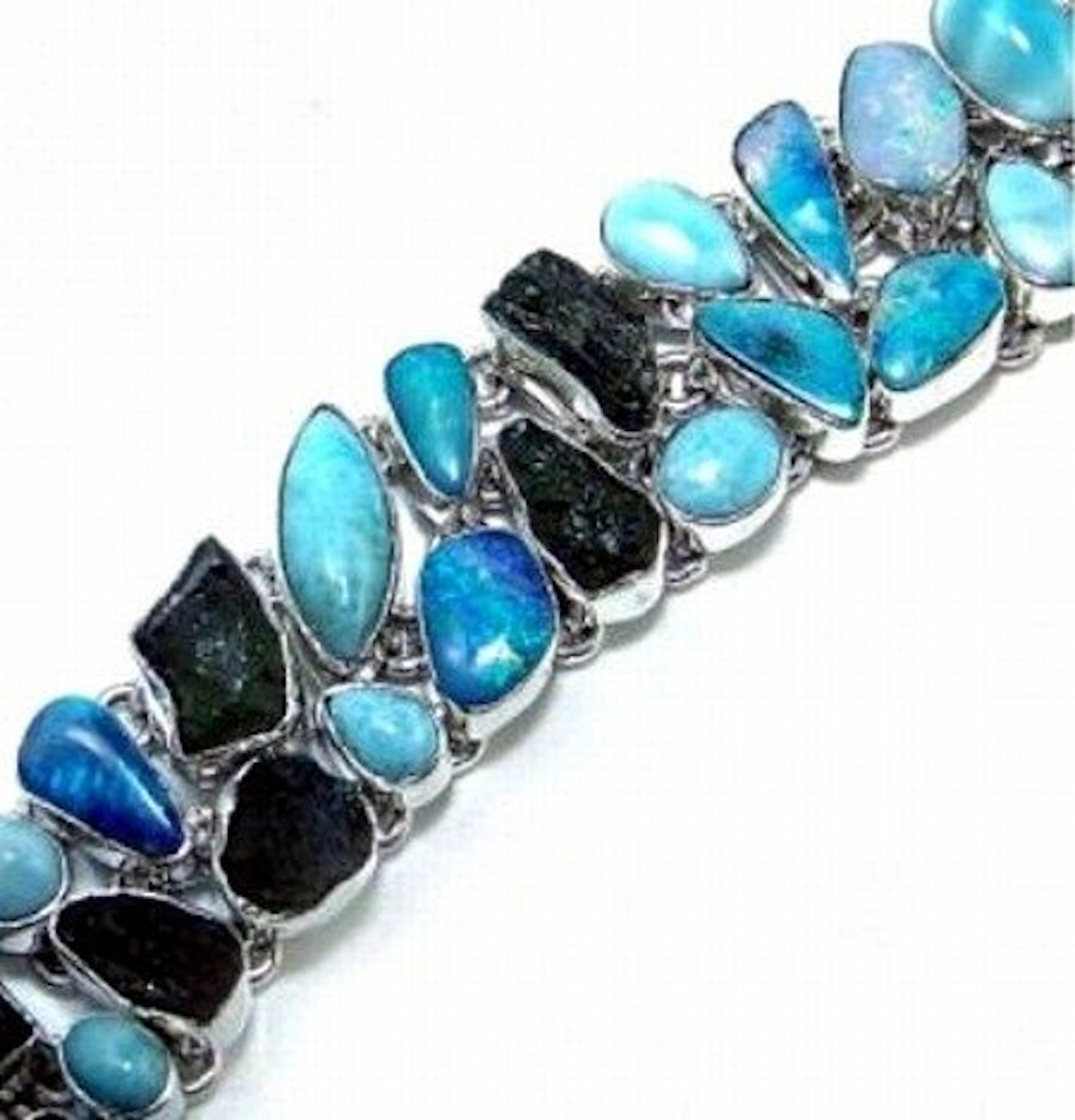 600022: Fire Opal, Larimar & Moldavite Sterling Bracele