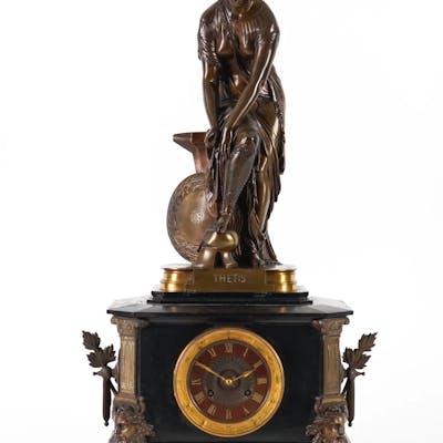 A FRENCH NEO-GREC BRONZE-MOUNTED BLACK MARBLE MANTEL CLOCK LATE 19TH CENTURY
