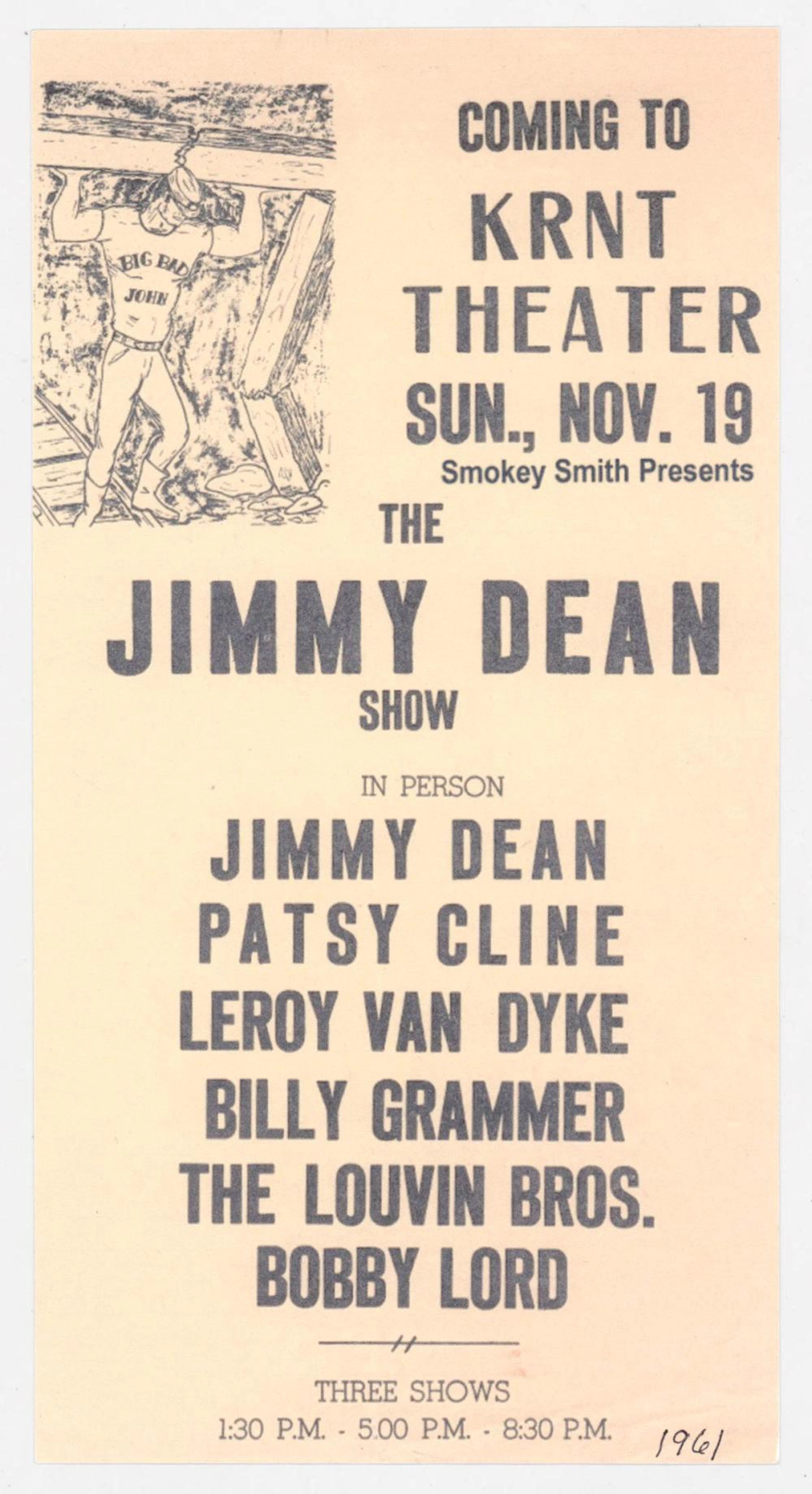 Jimmy Dean / Patsy Cline 1960 Concert Flyer