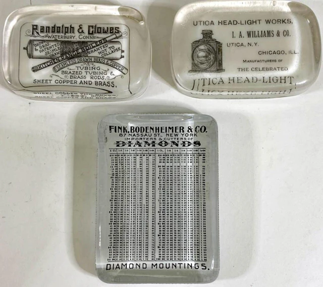 [Diamonds, Railroad Lantern] Adv. Paperweights (3)