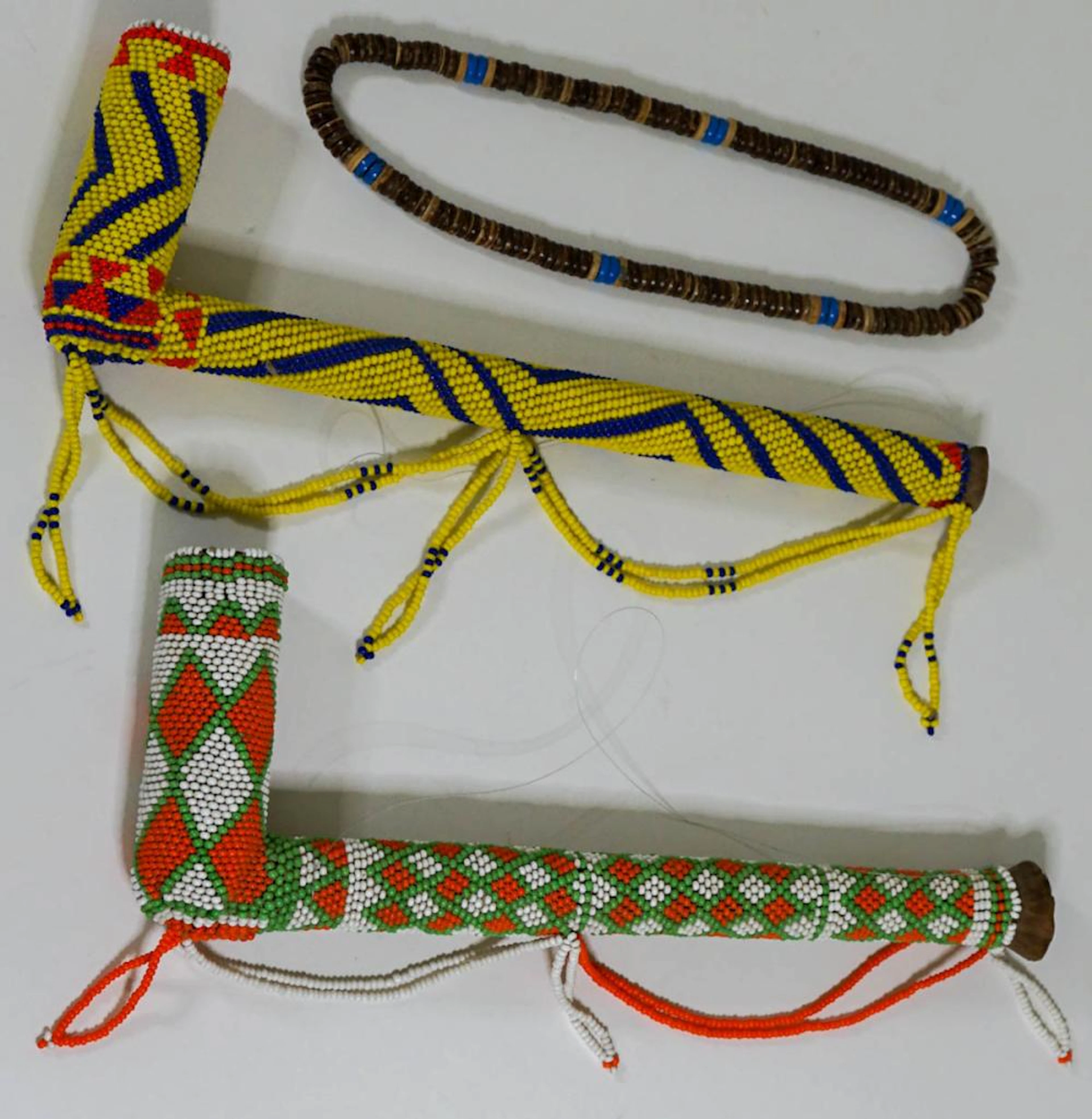 Beaded Pipes (2) and Shell Necklace
