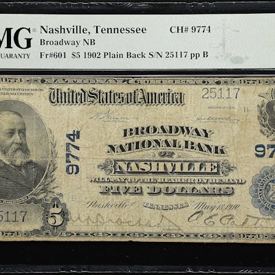 Nashville, Tennessee. $5 1902 Plain Back. Fr. 601. Broadway NB. Charter