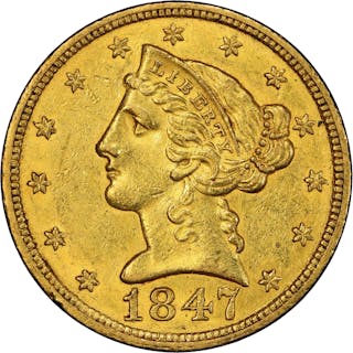 1847 Liberty Head Half Eagle. Breen-6570. Repunched Date. AU-58 (PCGS). CAC.