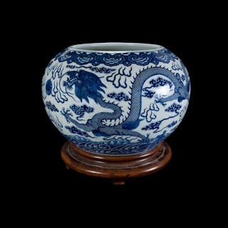 Impressive Large Chinese Blue & White Dragon Bowl