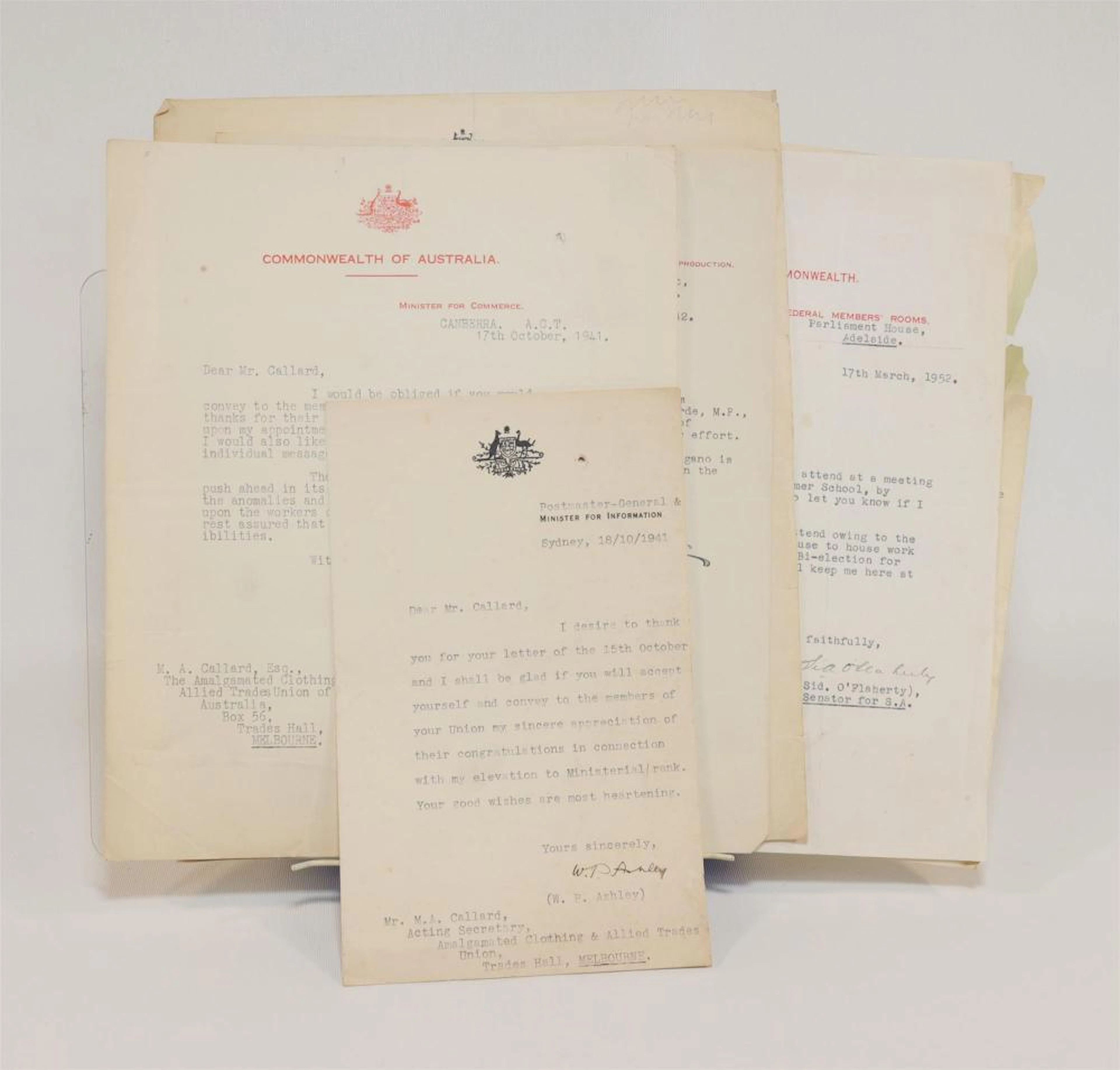 WWII Labor Ministers Signed Letters - Evatt