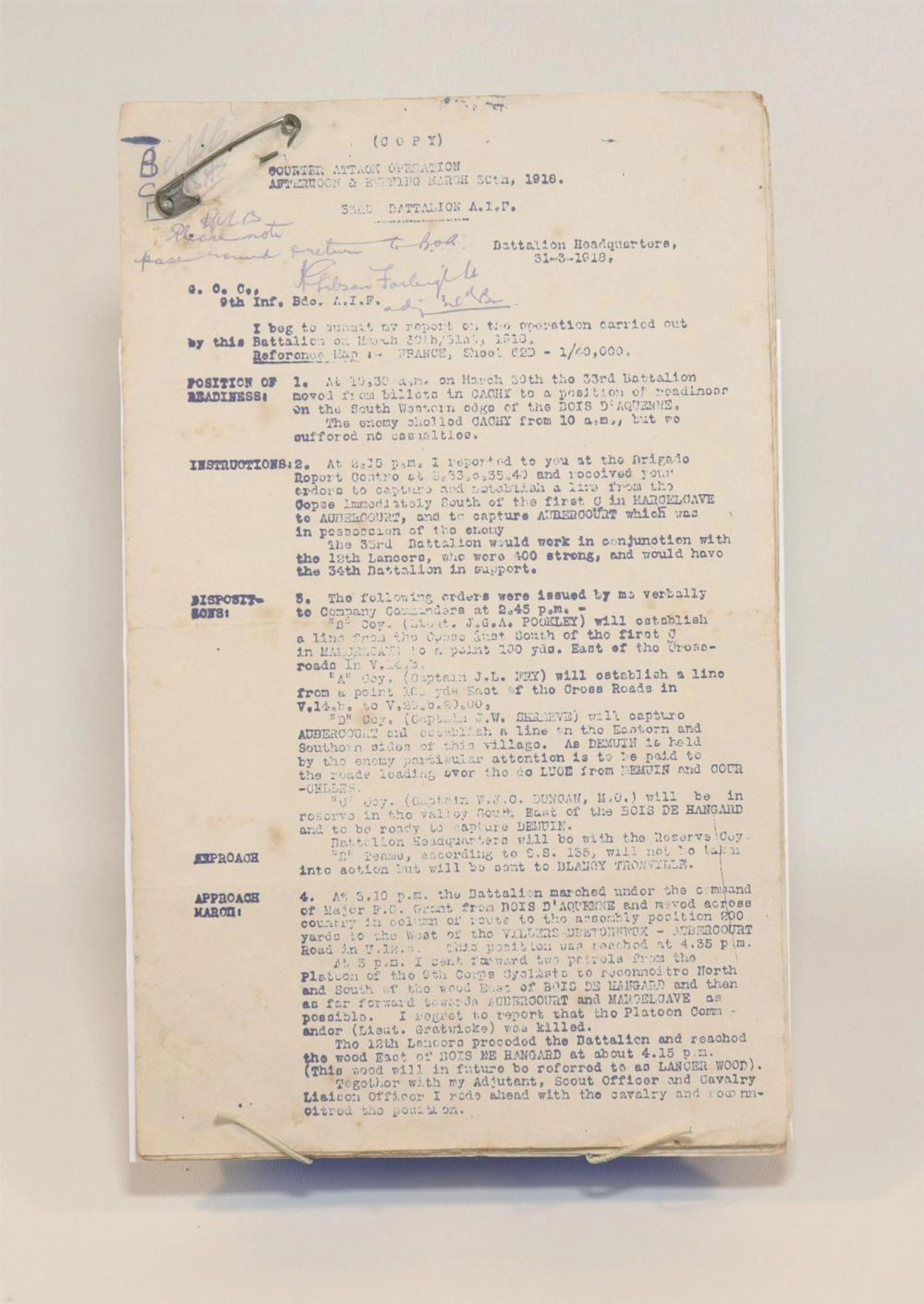 WWI Original ROSENTHAL Signed Counter Attack Report