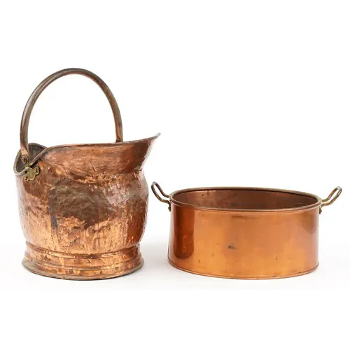 Victorian copper and brass coal scuttle and preserve pan, th... | Barnebys