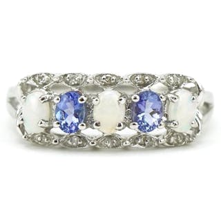 9ct white gold tanzanite, opal and diamond ring with pierced...
