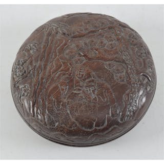 Wooden seal paste box, China, 19th Century. Carving of scholars with