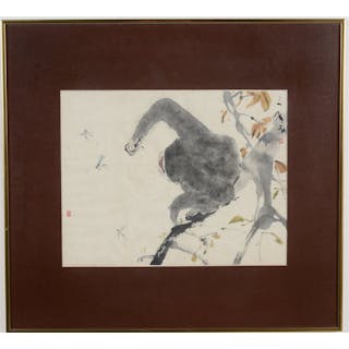 Chen Wenxi. China. Watercolor painting of a gibbon hanging from a
