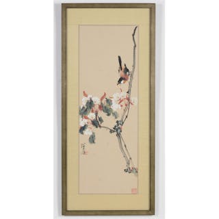 Chinese scroll painting. 20th century. Song bird on a flowering tree