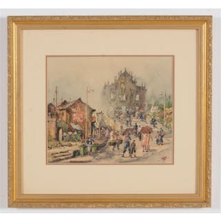 Signed watercolor painting of Macao. Street scene with figures and