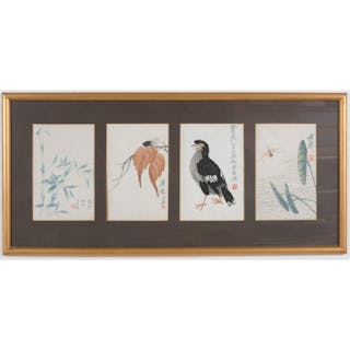 4 Japanese watercolor paintings of bamboo sprigs, birds and insects.