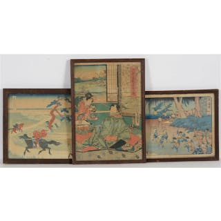 3 Japanese woodblock prints. 19th century. Kuniyoshi, Hokusai, and