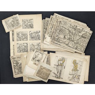 Large assortment of 16th century woodcut prints. Mostly depicting