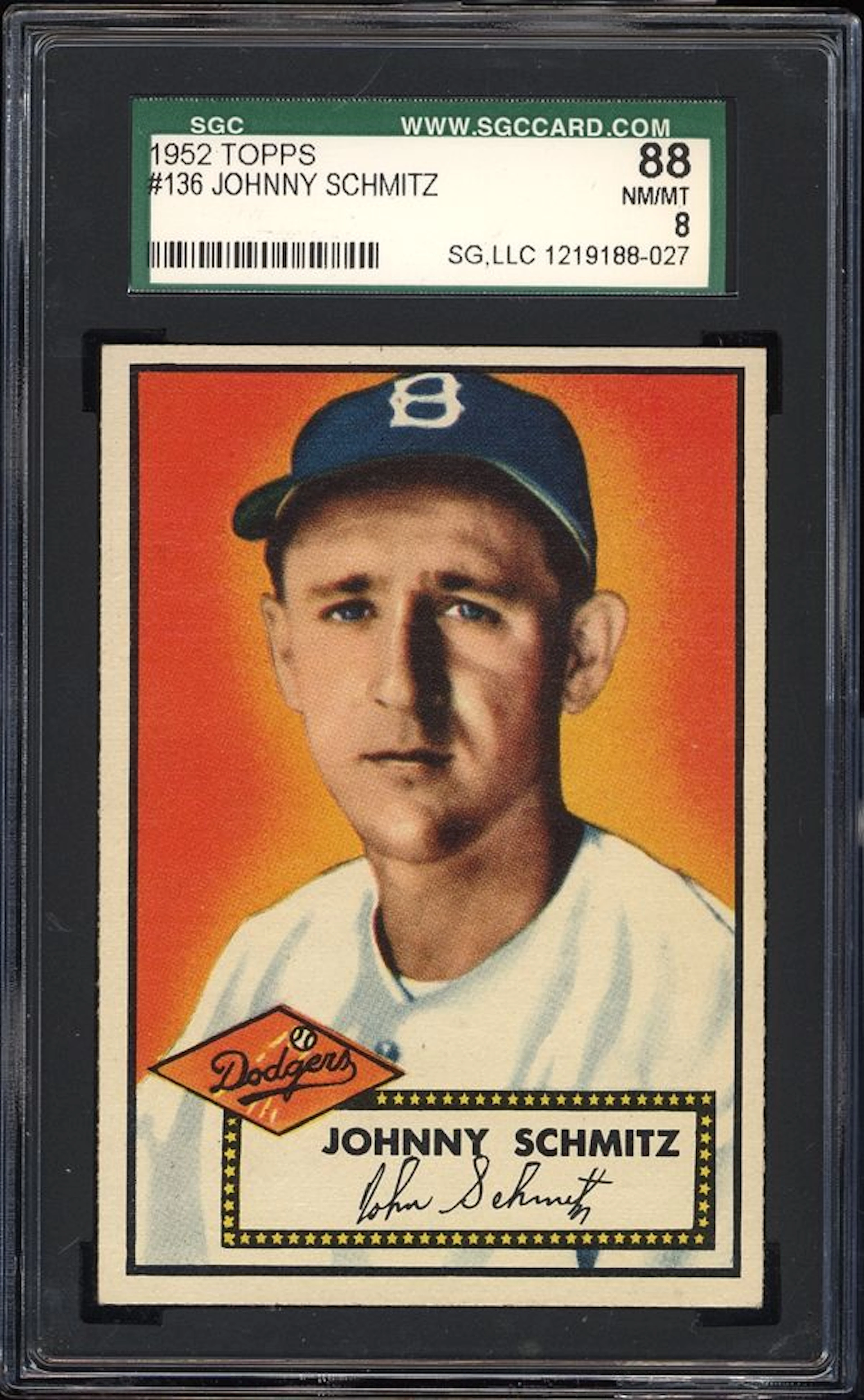 1952 Topps #136 Johnny Schmitz SGC 88 NM/MT 8
