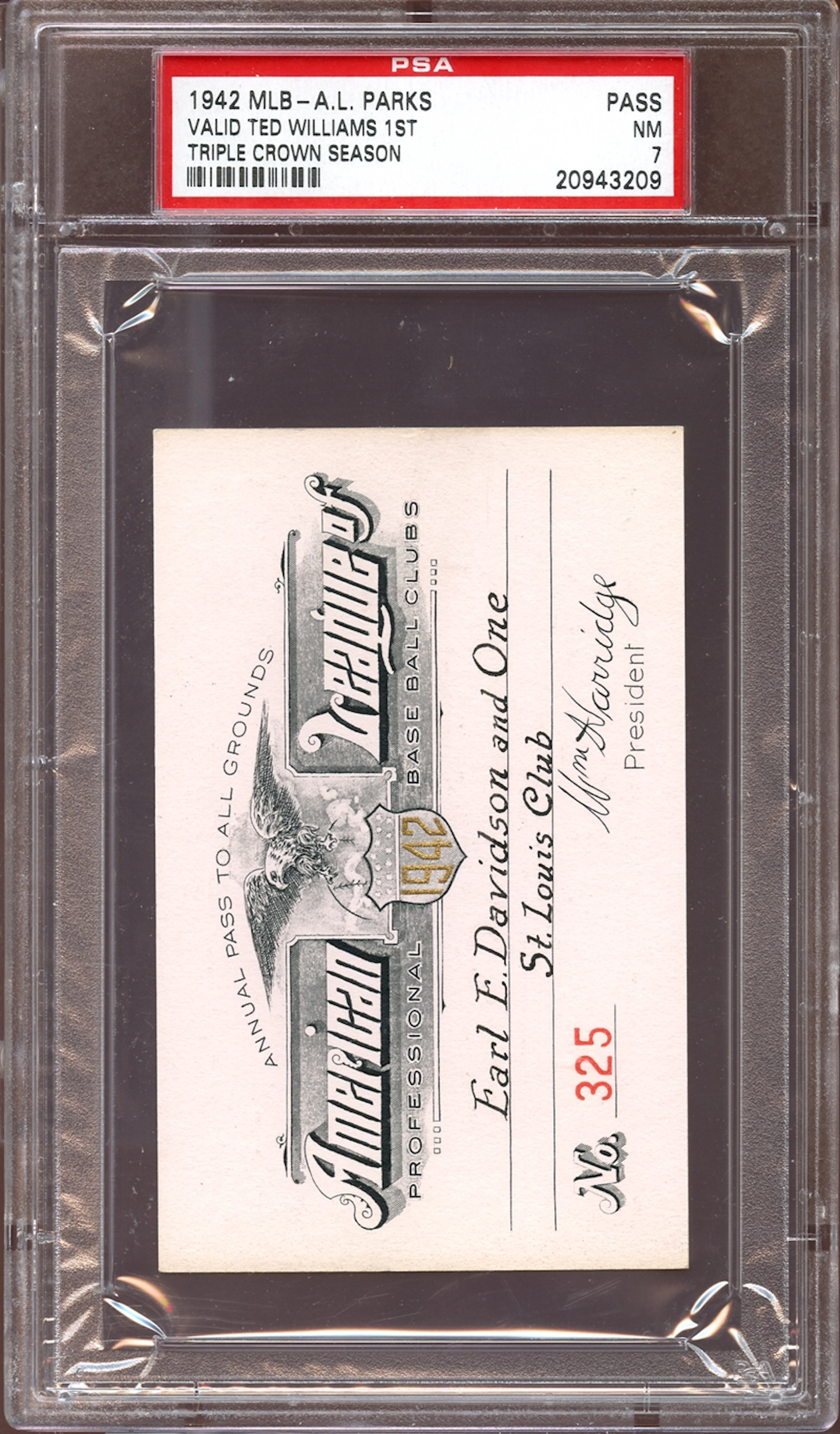 1942 MLB American League Parks Pass PSA 7 NM