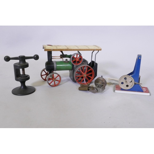 A Mamod Steam Traction Engine, A Model Fly Press, Hammer Etc | Barnebys