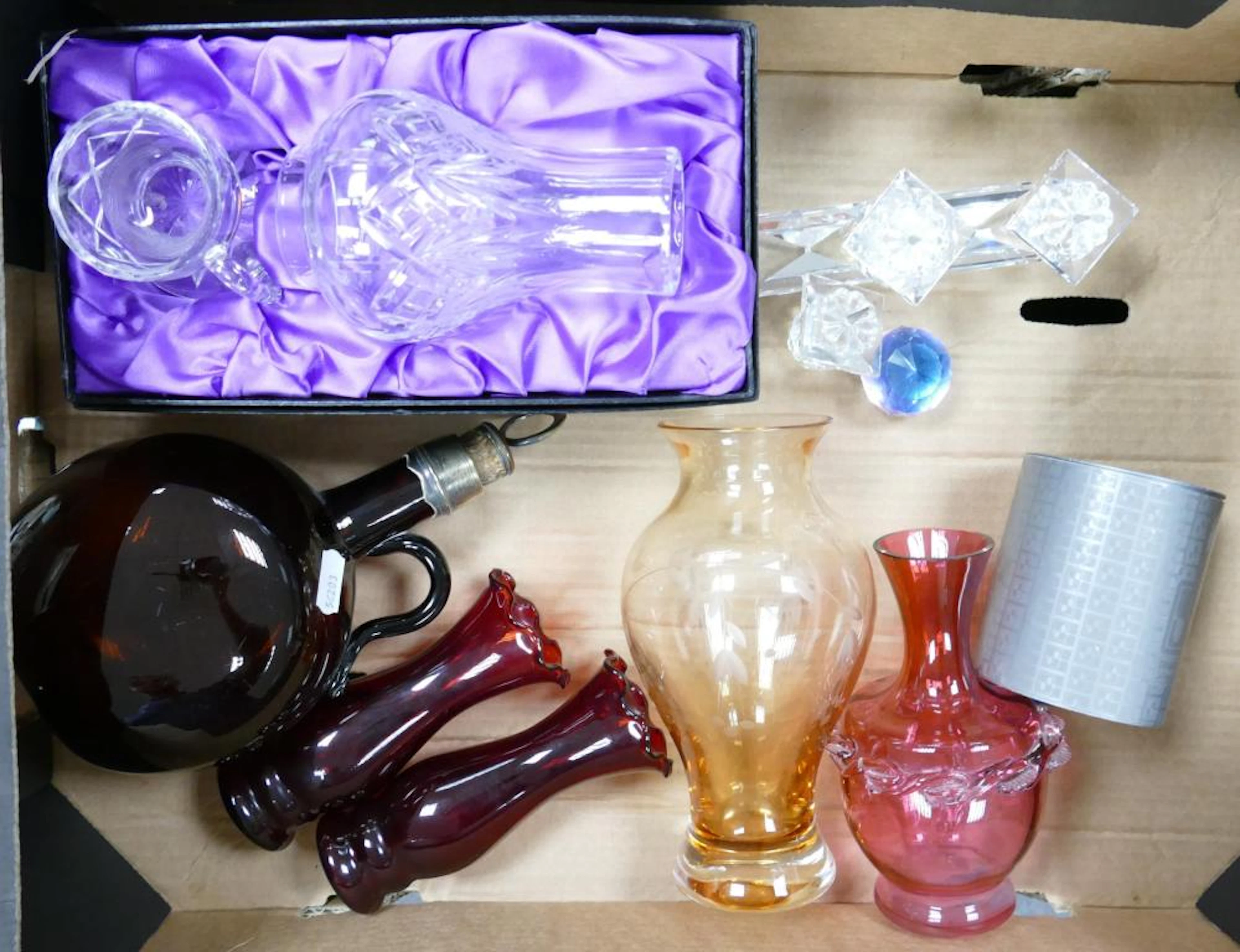A collection of glass items to include swarovski candlestick