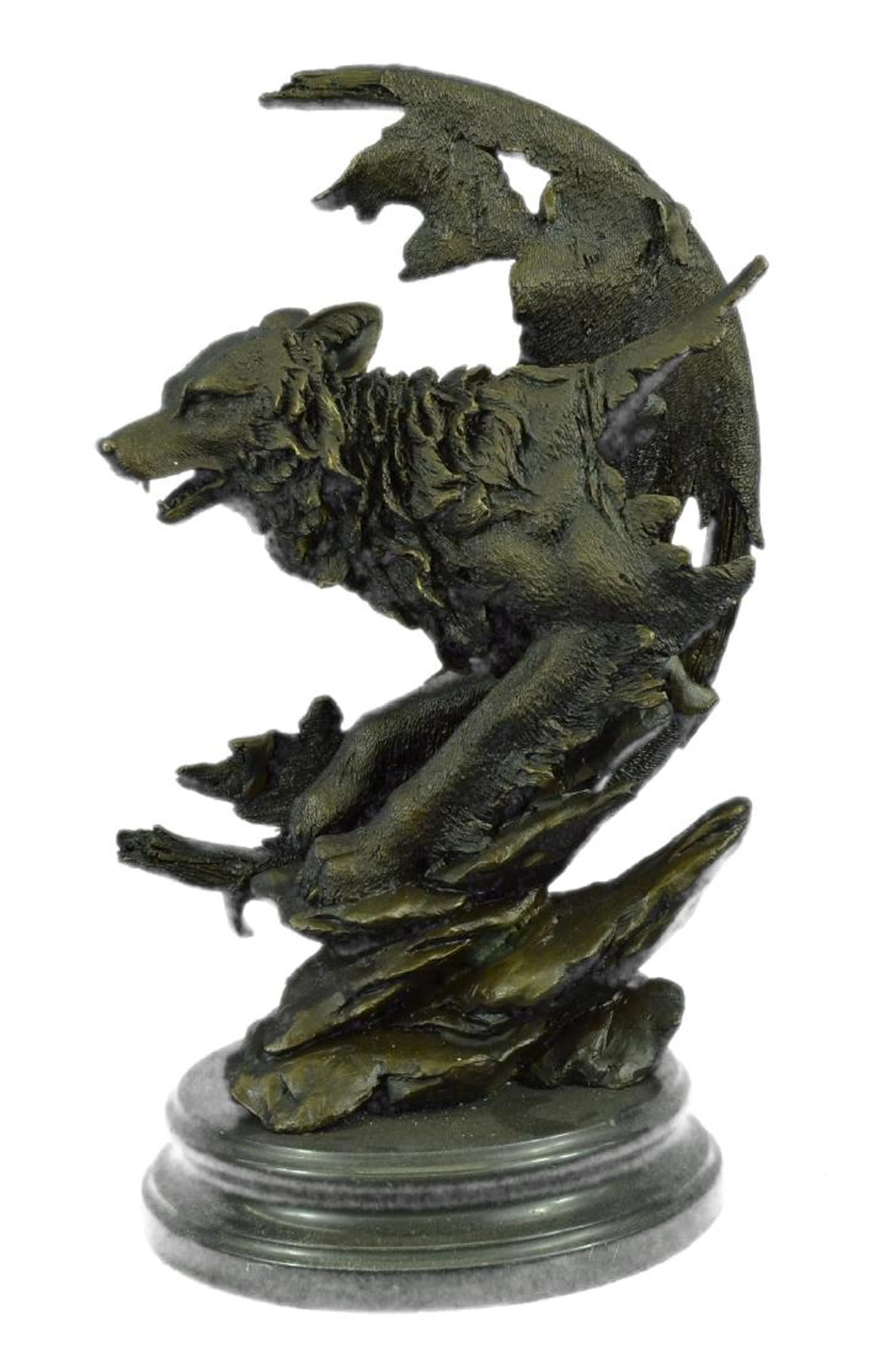 Celtic Moon Wolf Hot Cast Bronze Sculpture on Marble