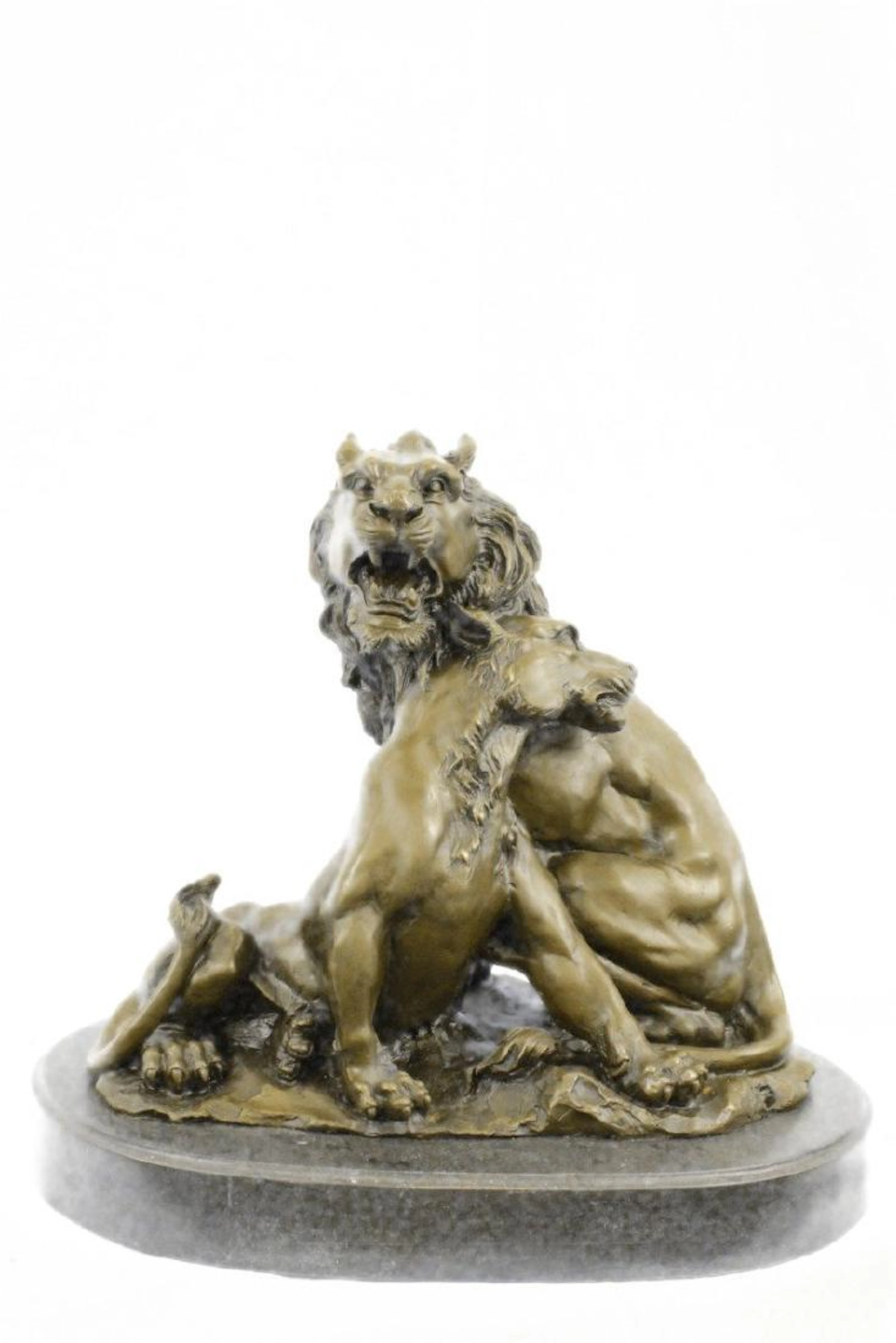 Relaxing Lions Bronze Statue on Marble Base Figurine