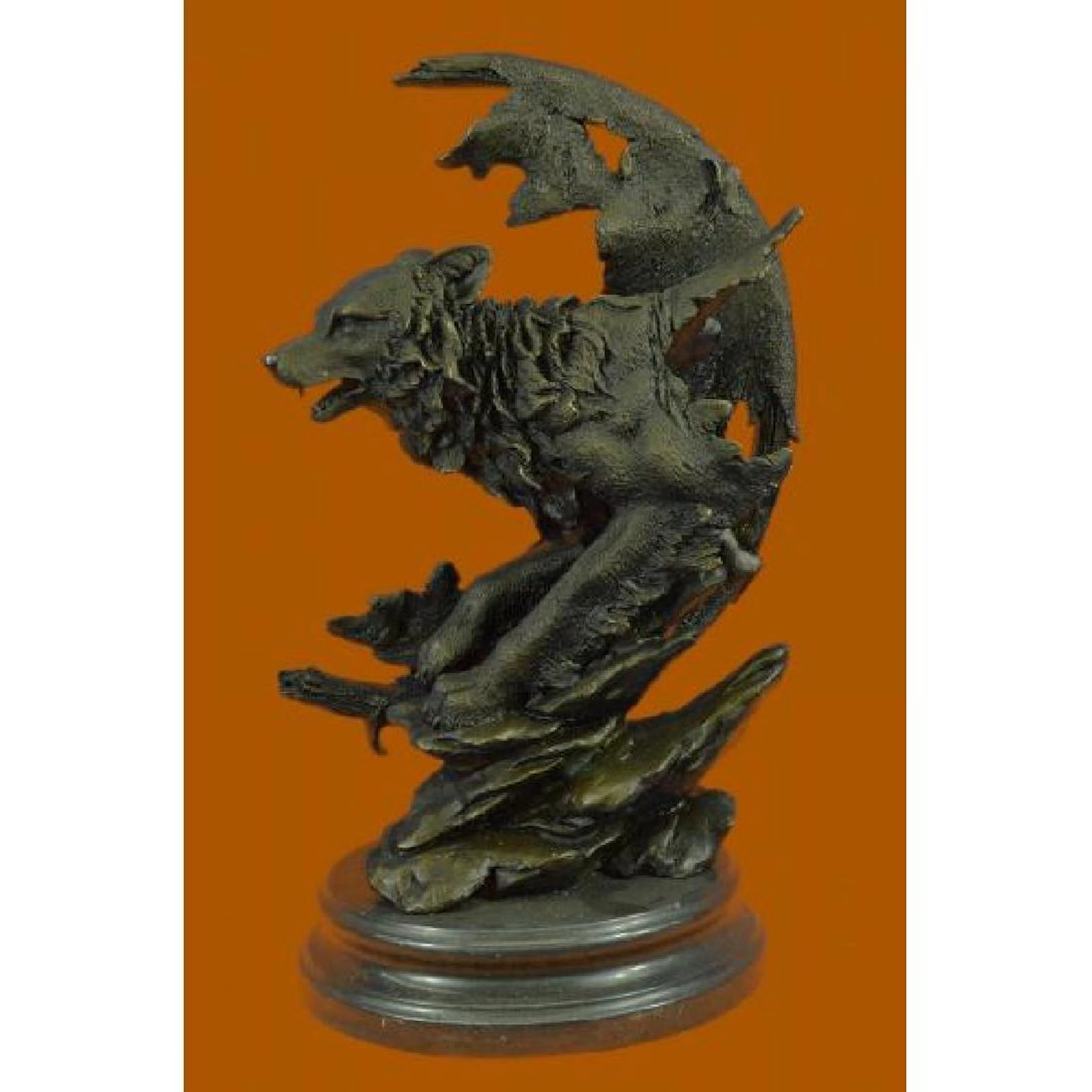 Celtic Moon Wolf Hot Cast Bronze Sculpture Marble Base